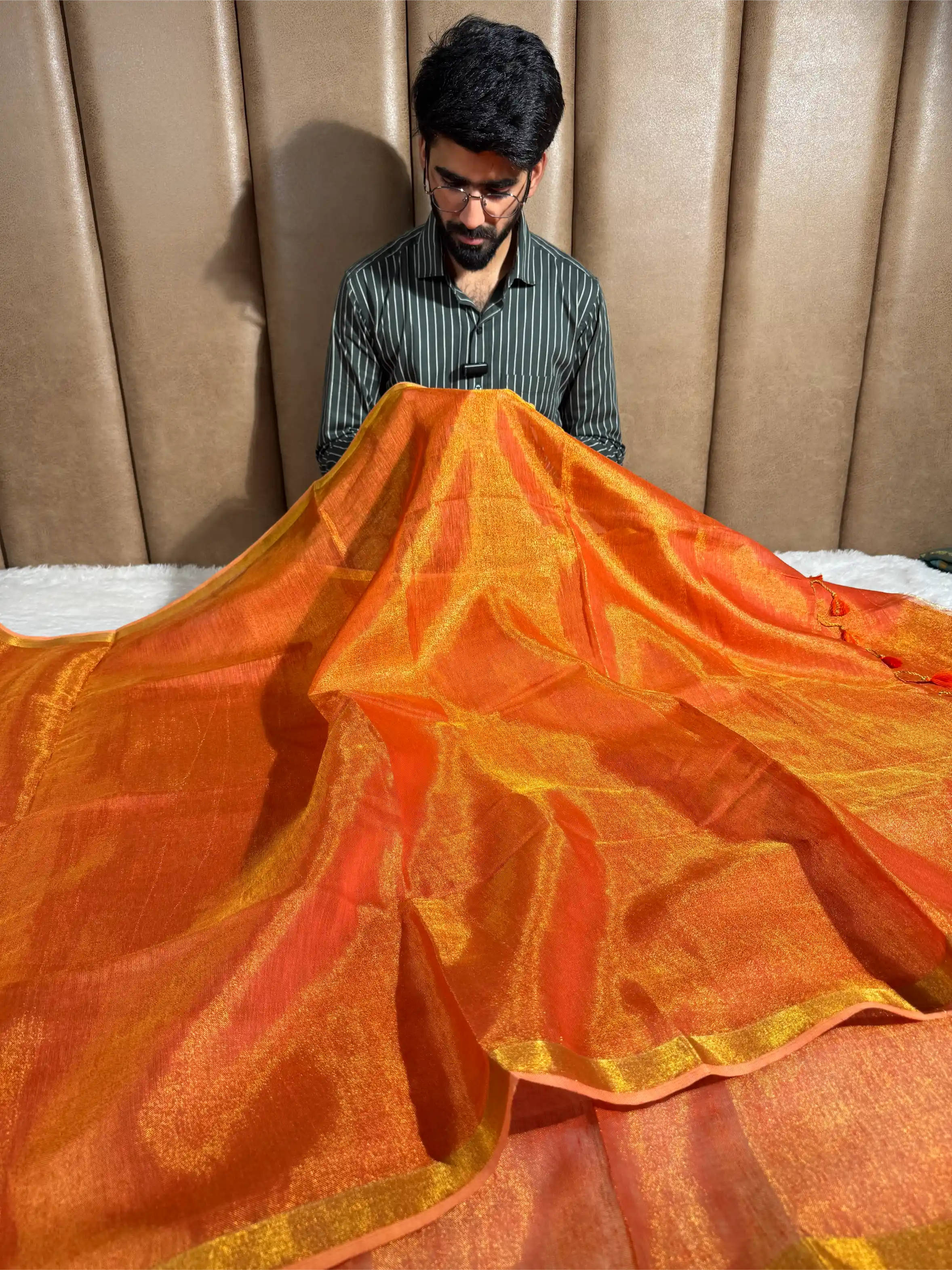 Metallic Orange Linen Tissue Silk Banarasi Saree