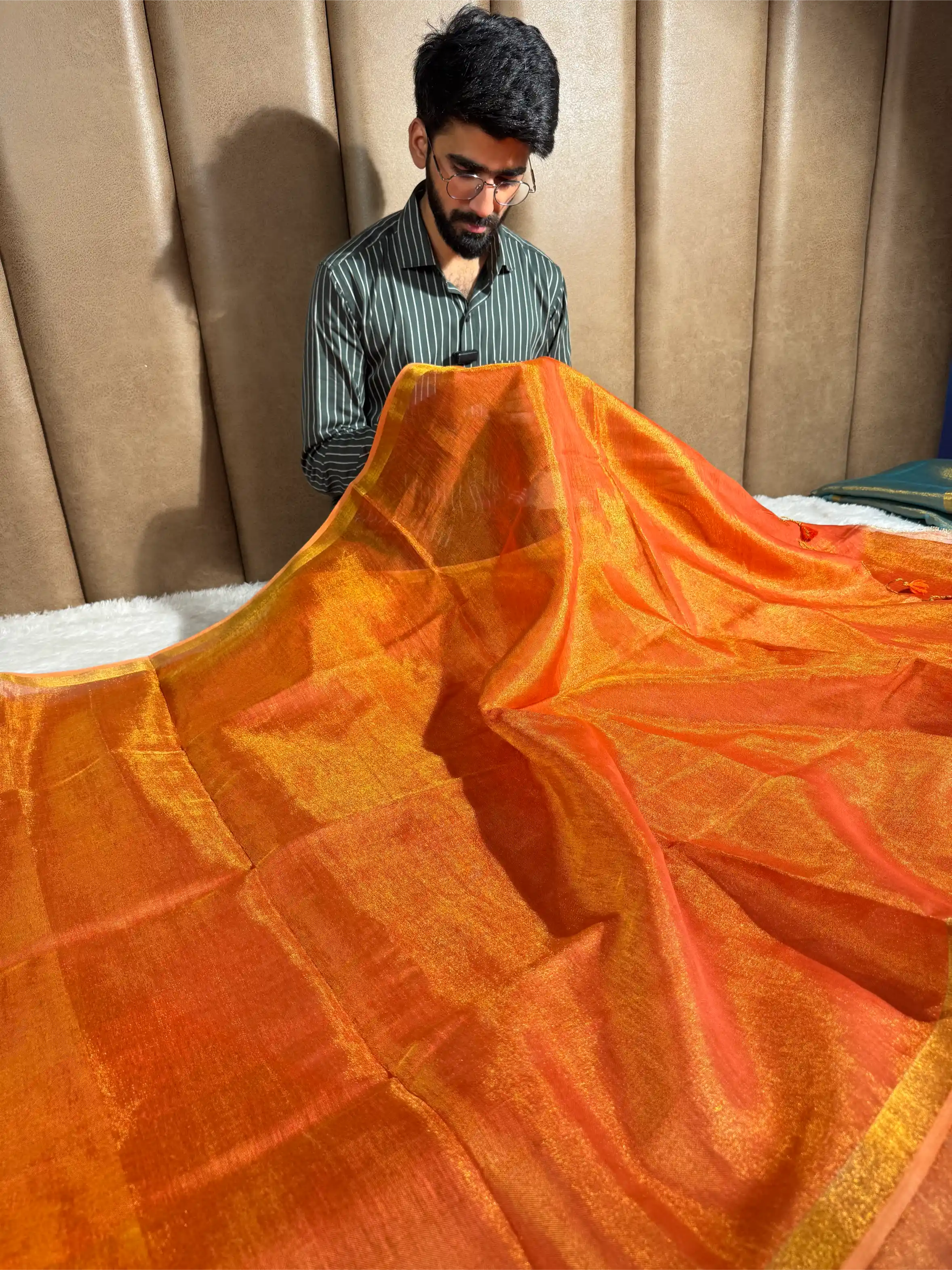 Metallic Orange Linen Tissue Silk Banarasi Saree