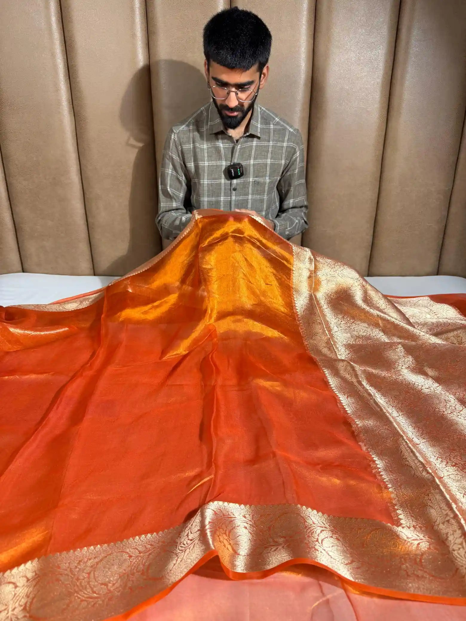 Metallic Orange Pure Tissue Silk Banarasi Saree