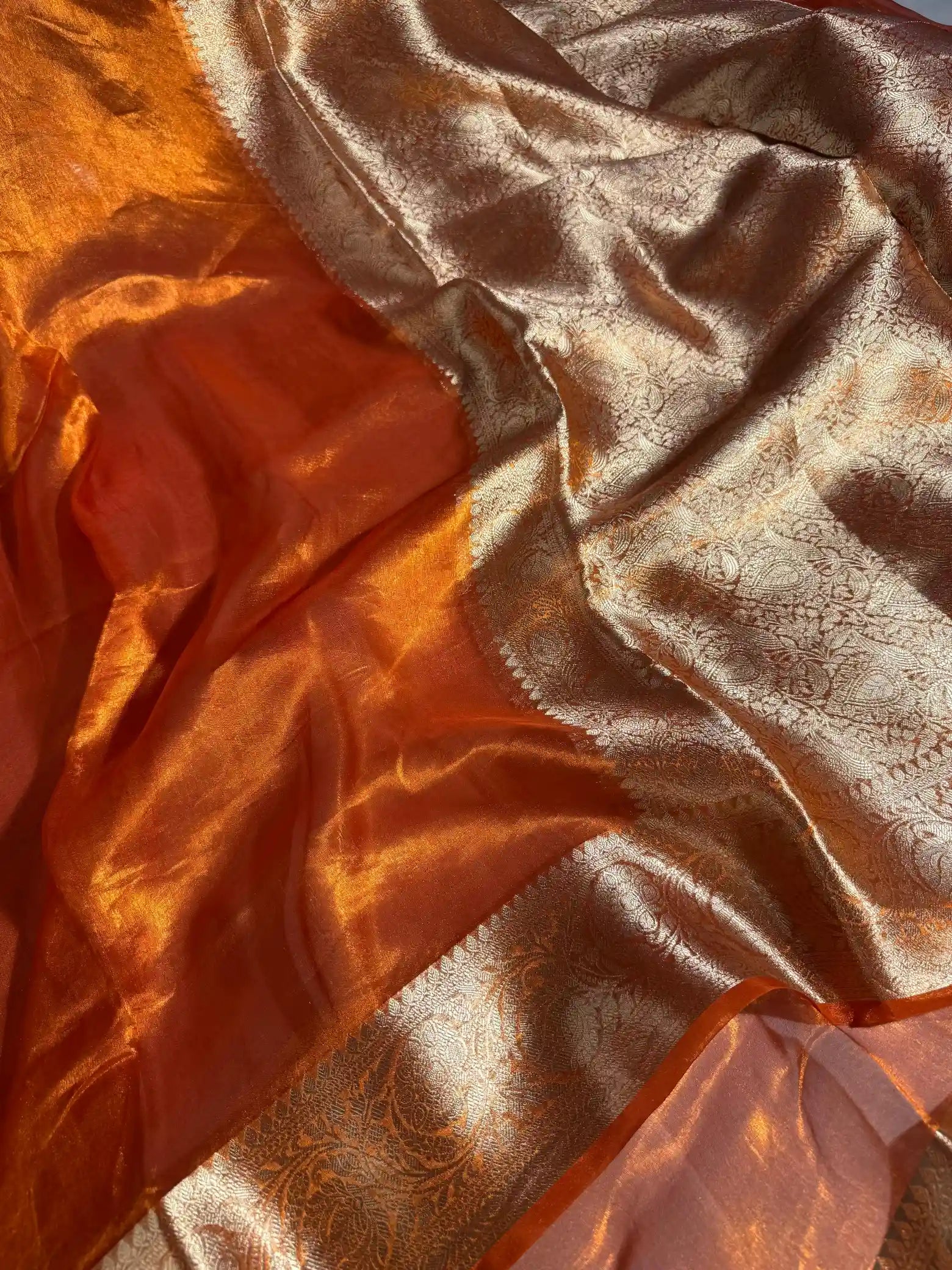 Metallic Orange Pure Tissue Silk Banarasi Saree