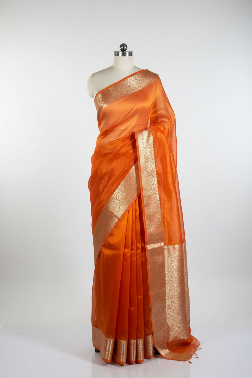 Metallic Orange Pure Tissue Silk Banarasi Saree