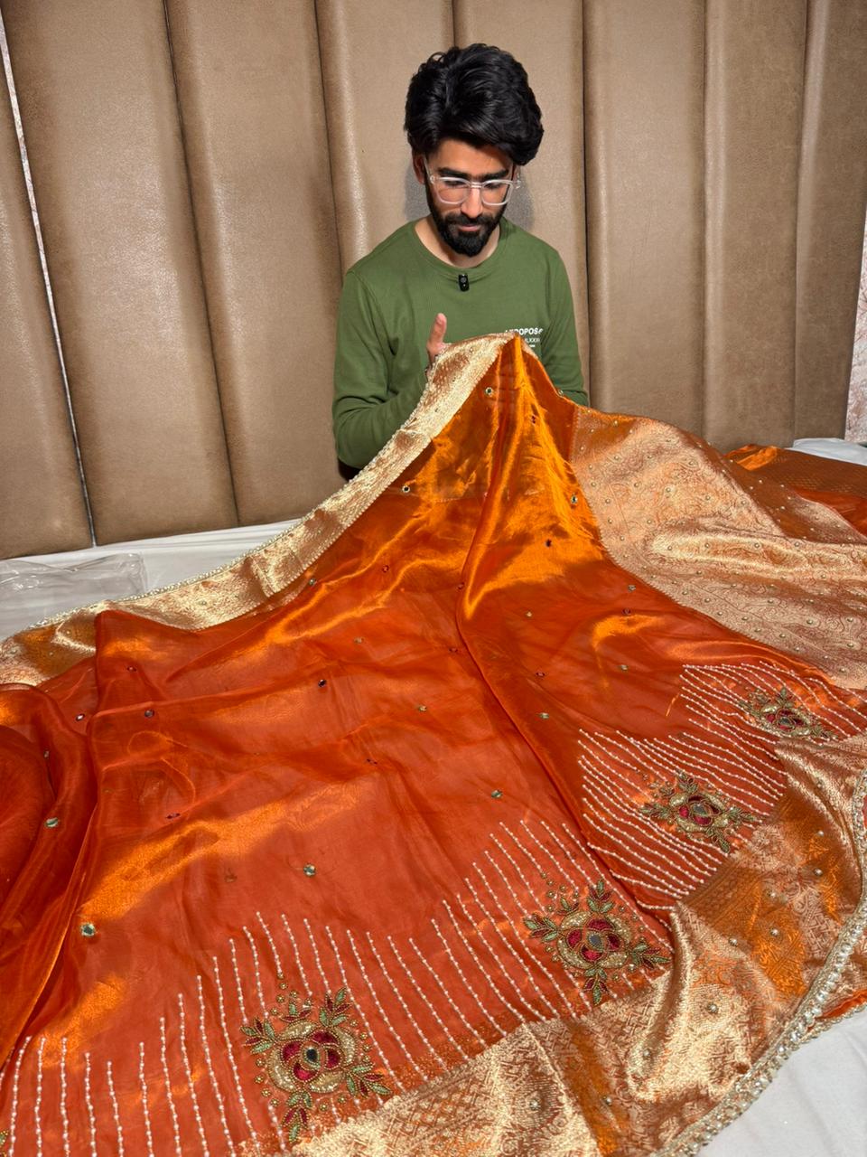 Metallic Orange Pure Tissue Silk Handwork Designer Saree