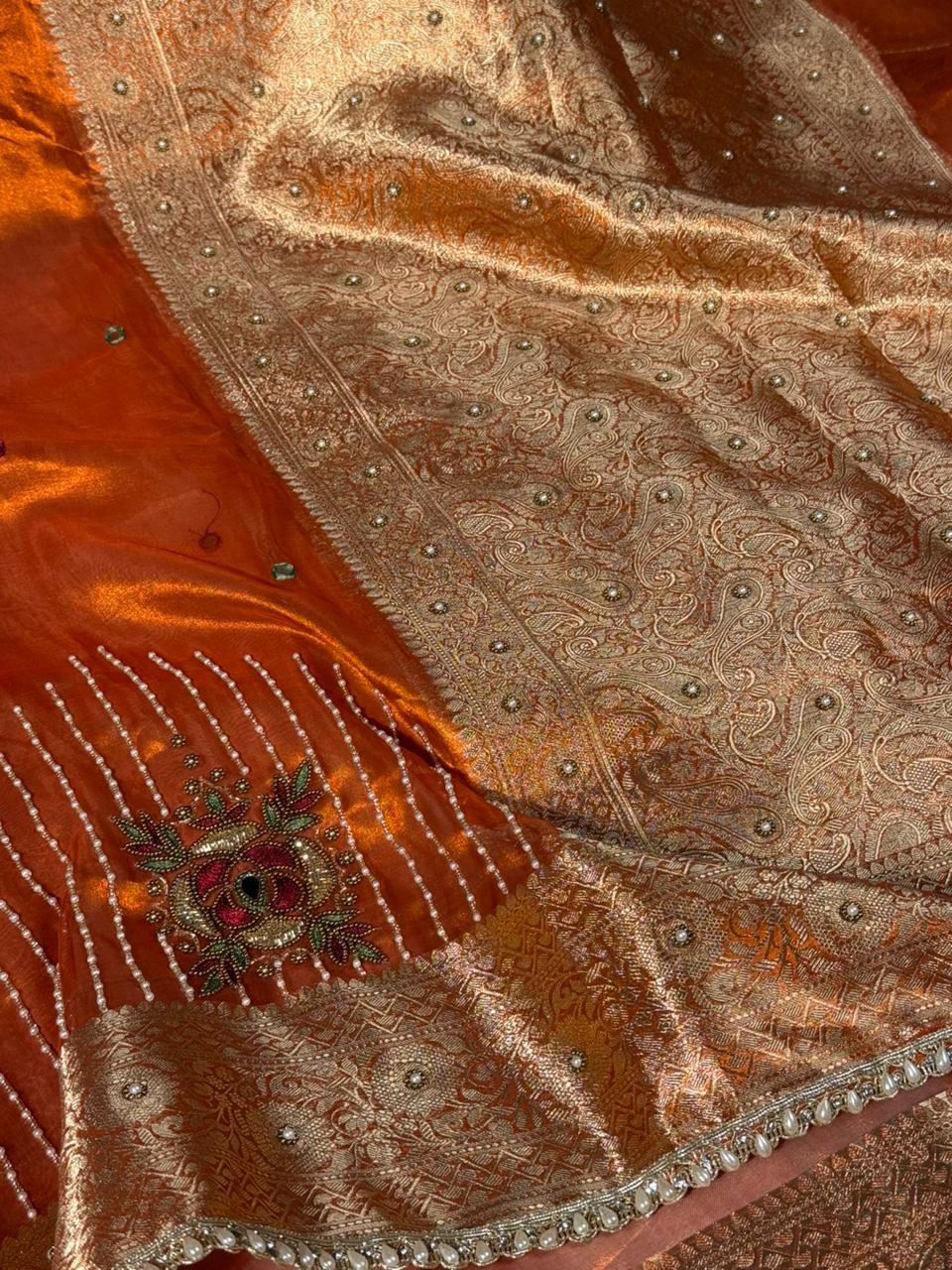 Metallic Orange Pure Tissue Silk Handwork Designer Saree