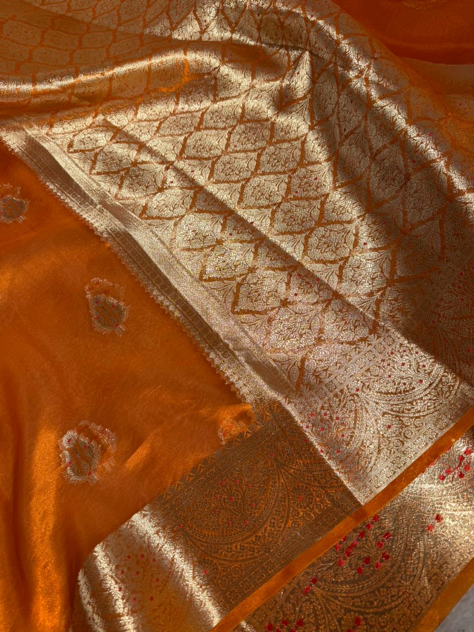 Metallic Orange Pure Tissue silk Meenakari Banarasi Saree
