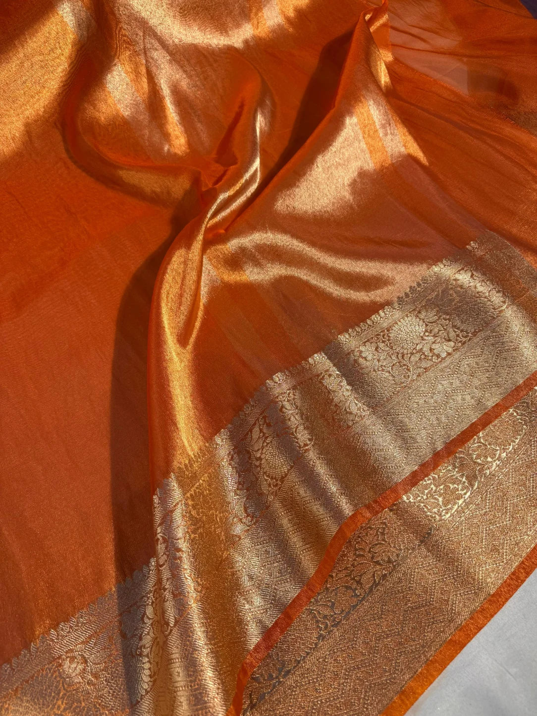 Metallic Orange Tissue Silk Traditional Border Weave Banarasi Saree