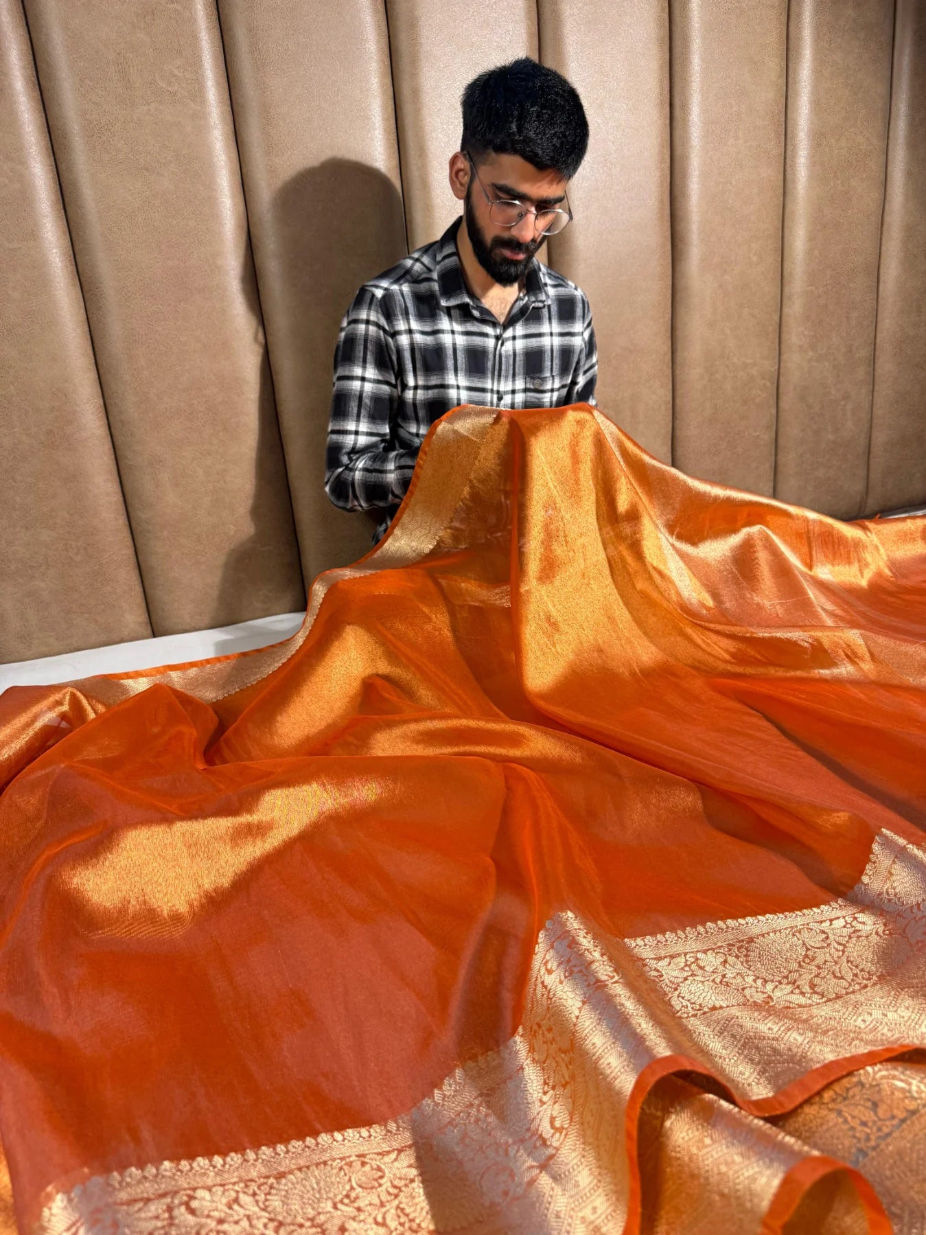 Metallic Orange Tissue Silk Traditional Border Weave Banarasi Saree