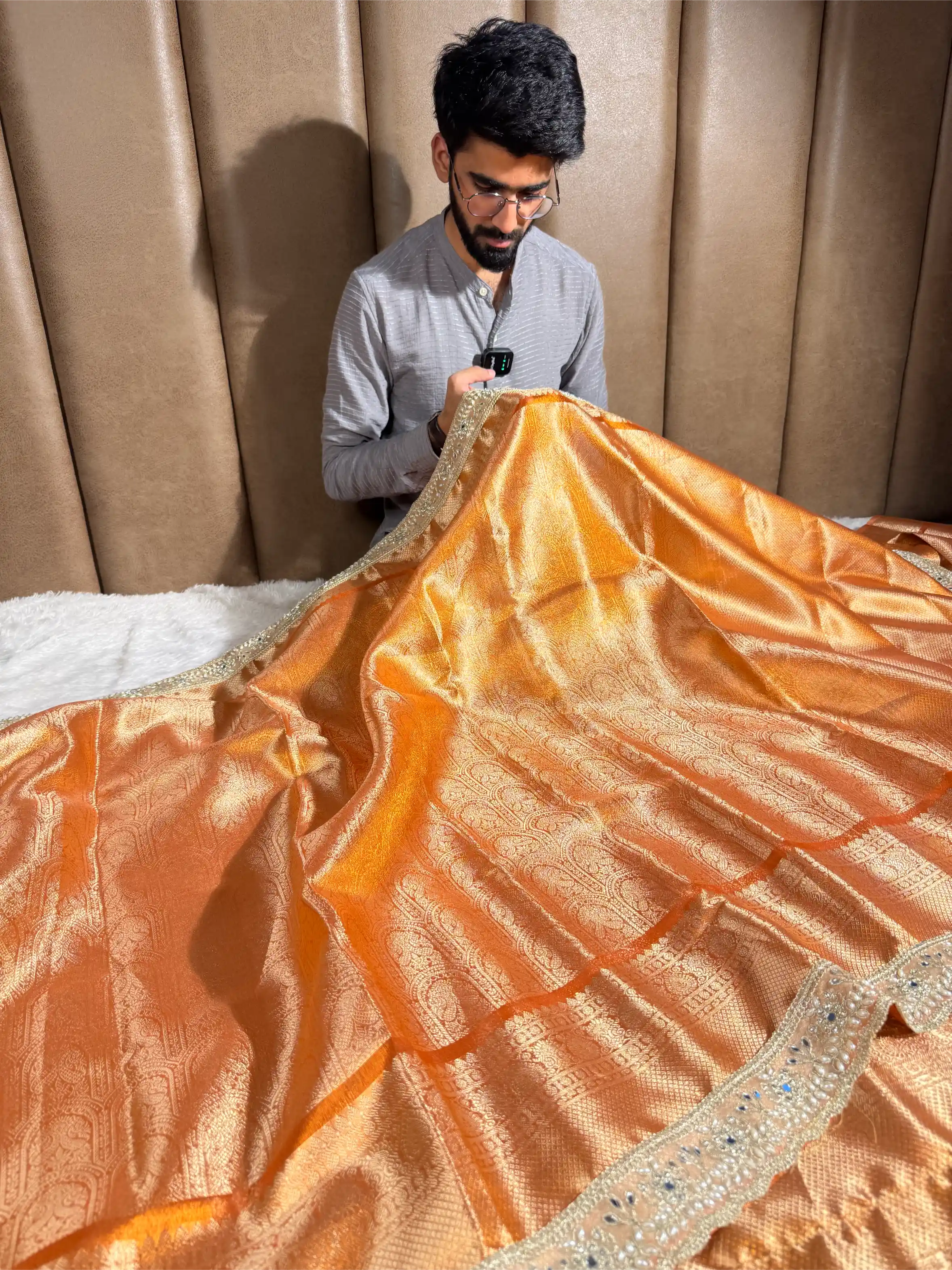 Metallic Orange Tissue Kanjivaram Brocade Heavy Gota Lace Attached Banarasi Saree