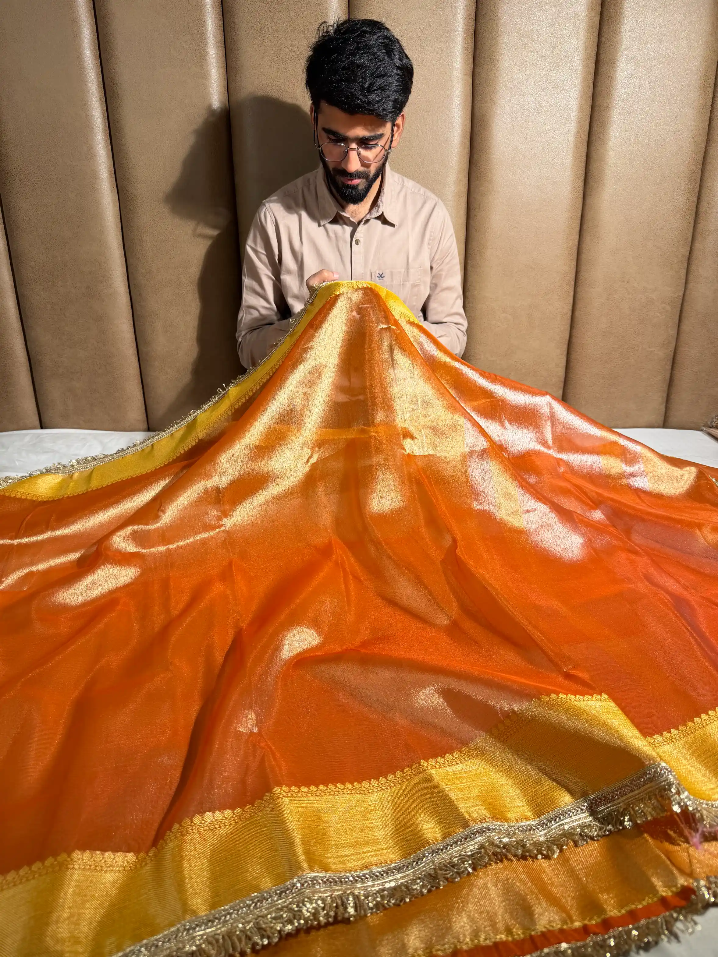 Metallic Orange Tissue Silk Designer Heavy Lace Banarasi Saree