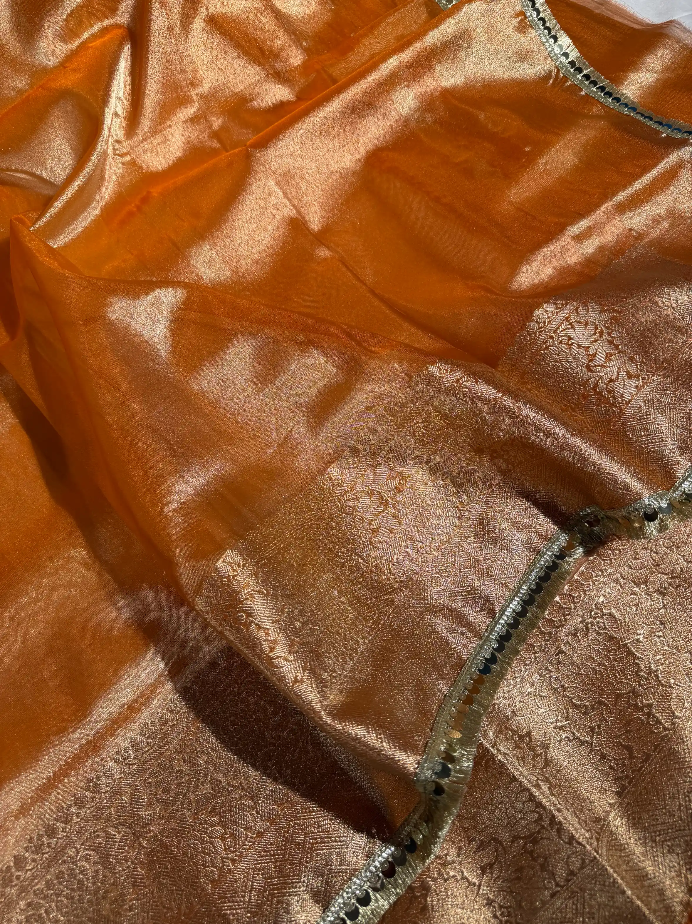 Metallic Orange Tissue Silk Designer Lace Attached Banarasi Saree