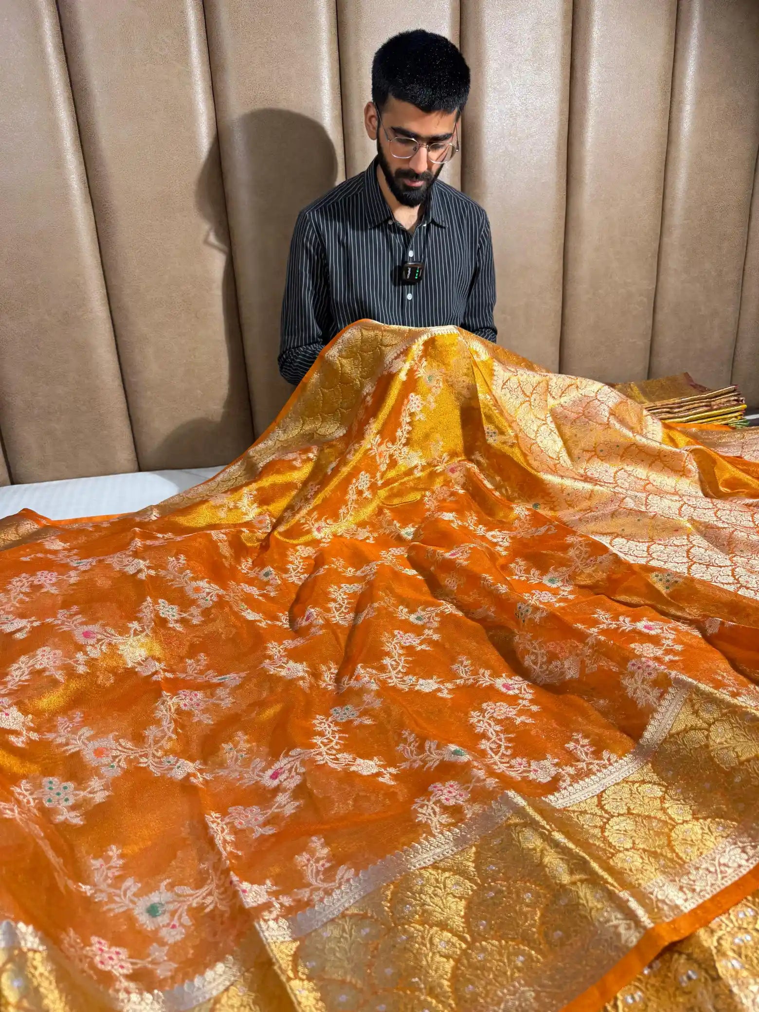 Metallic Orange Tissue Silk Heritage Intricate Meena Weave Banarasi Saree