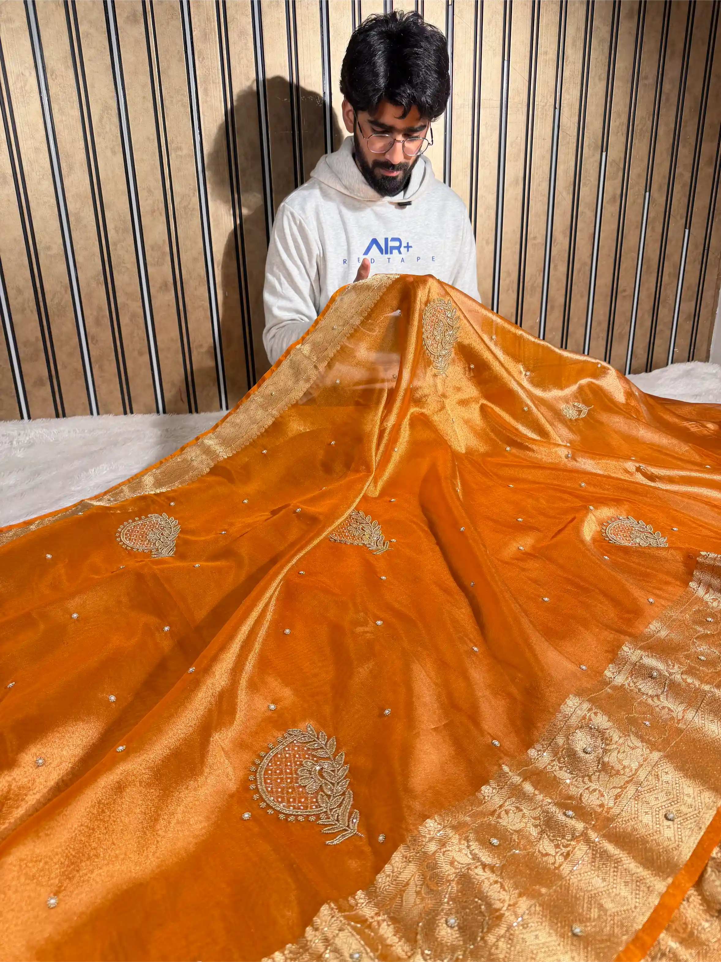 Metallic Orange Tissue Silk Premium Handwork Banarasi Saree