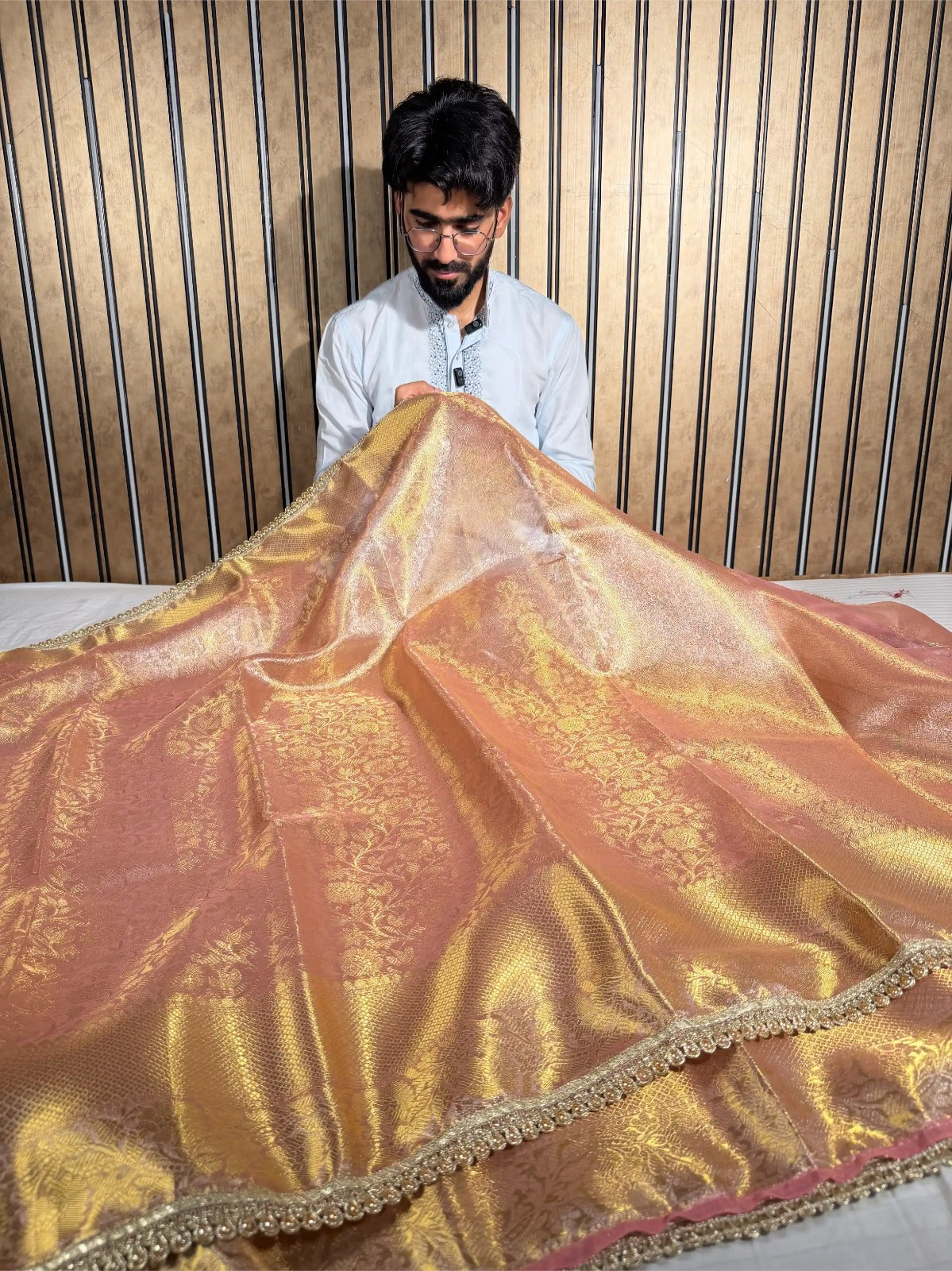 Metallic Peach Glass Tissue Silk Designer Banarasi Saree