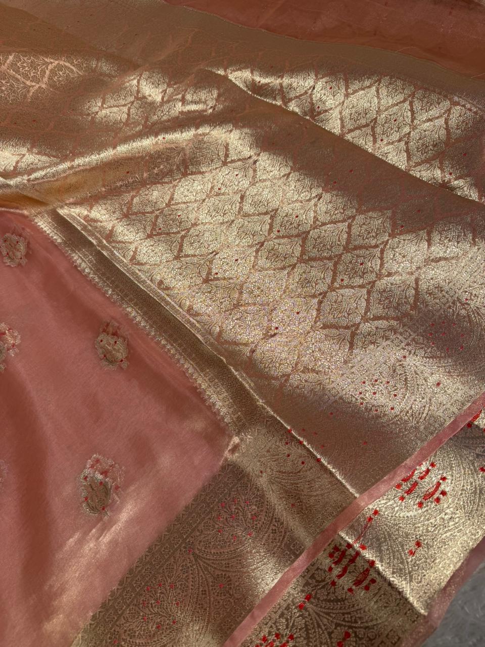 Metallic Peach Pure Tissue silk Meenakari Banarasi Saree