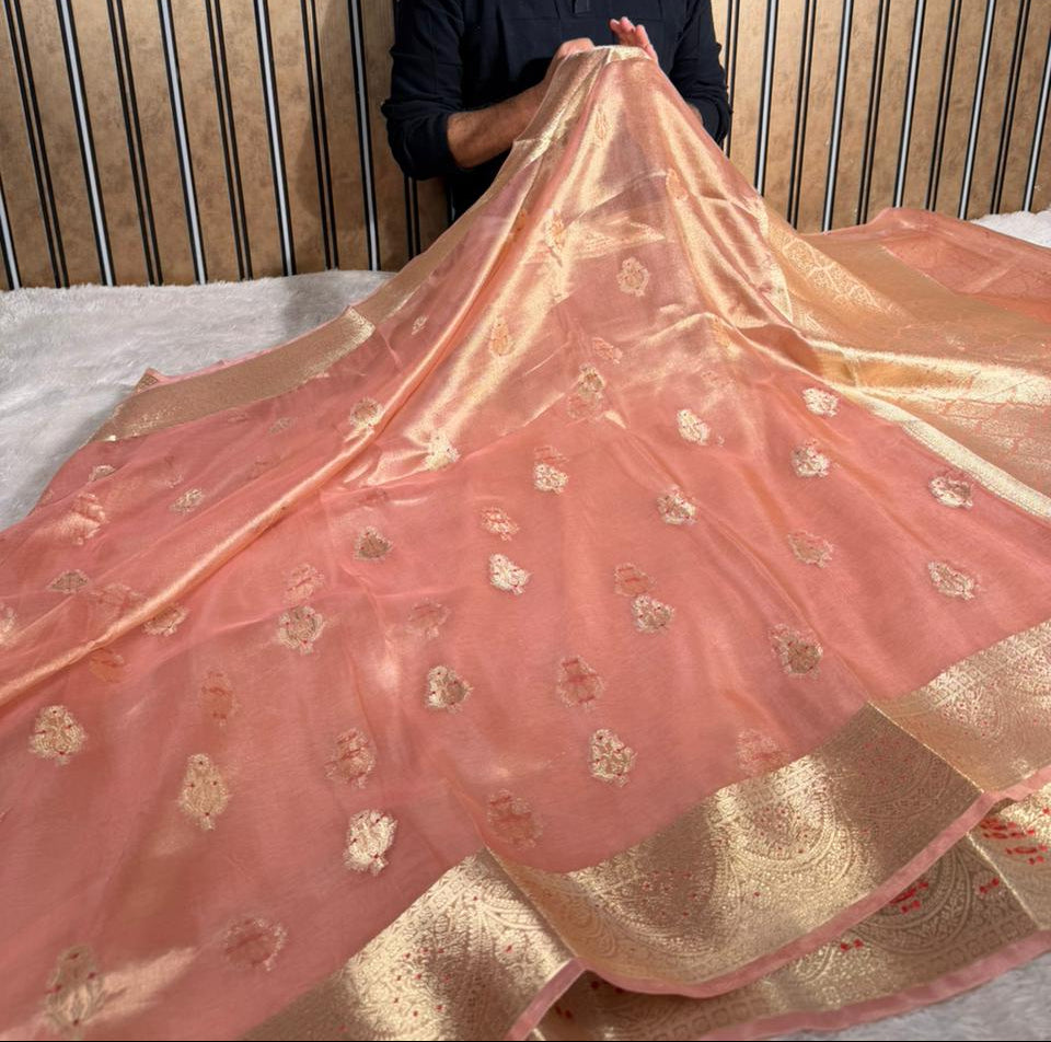 Metallic Peach Pure Tissue silk Meenakari Banarasi Saree