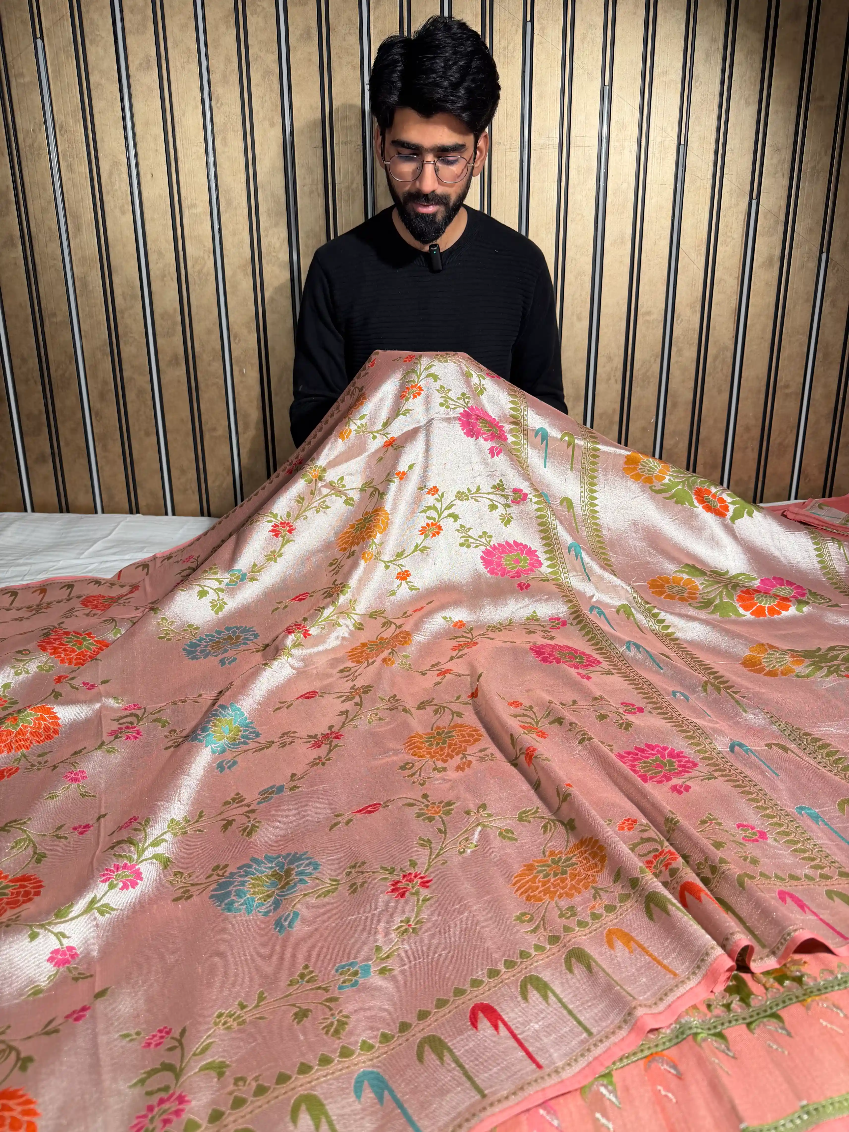 Metallic Peach Pure Tussar Georgette Handwoven Masterpiece Banarasi Saree