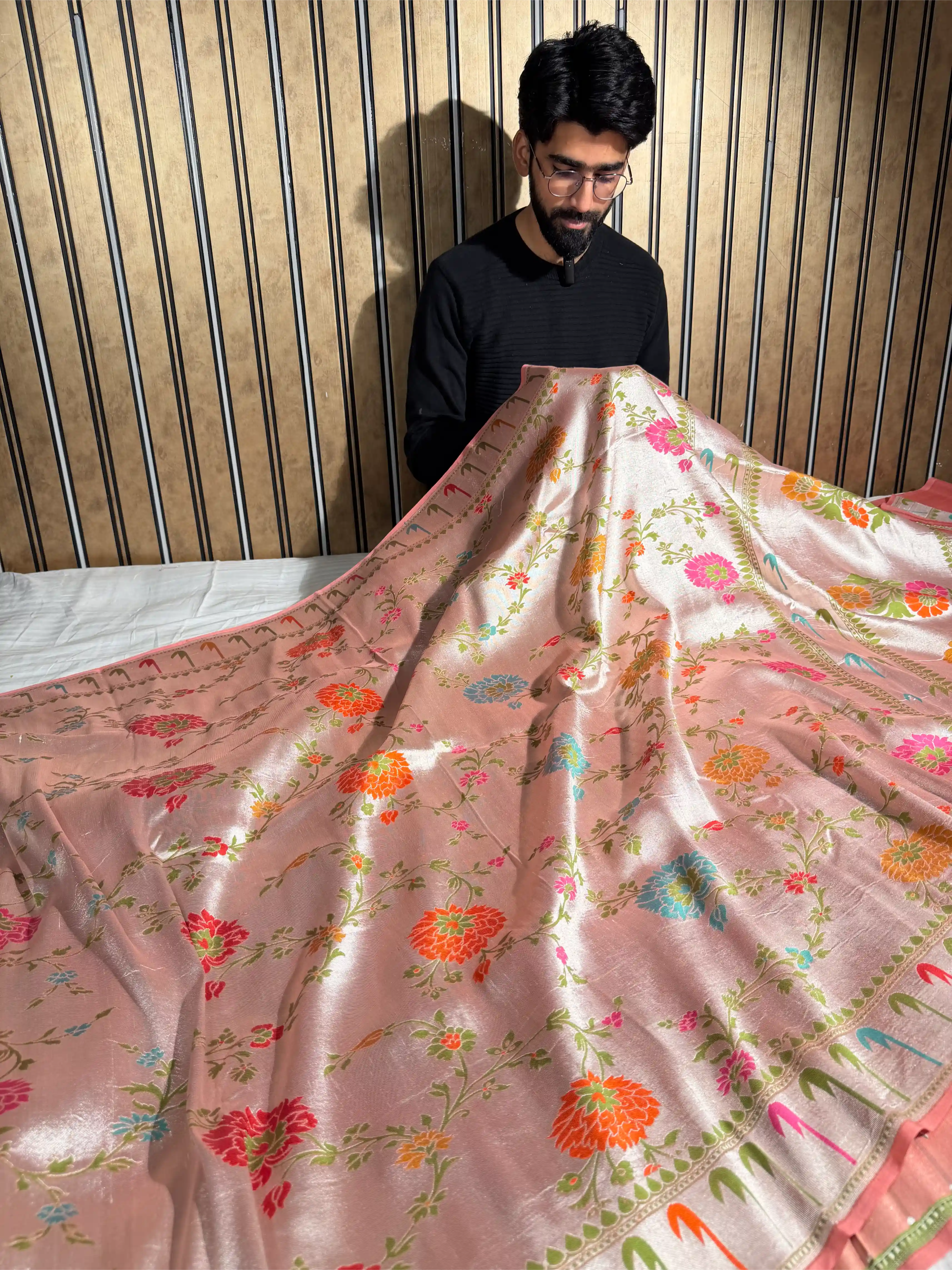 Metallic Peach Pure Tussar Georgette Handwoven Masterpiece Banarasi Saree