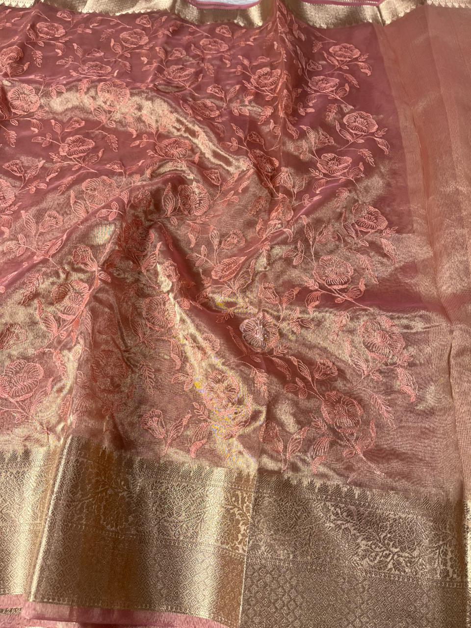 Metallic Pink Banarasi Tissue Silk Chikankari Banarasi Saree