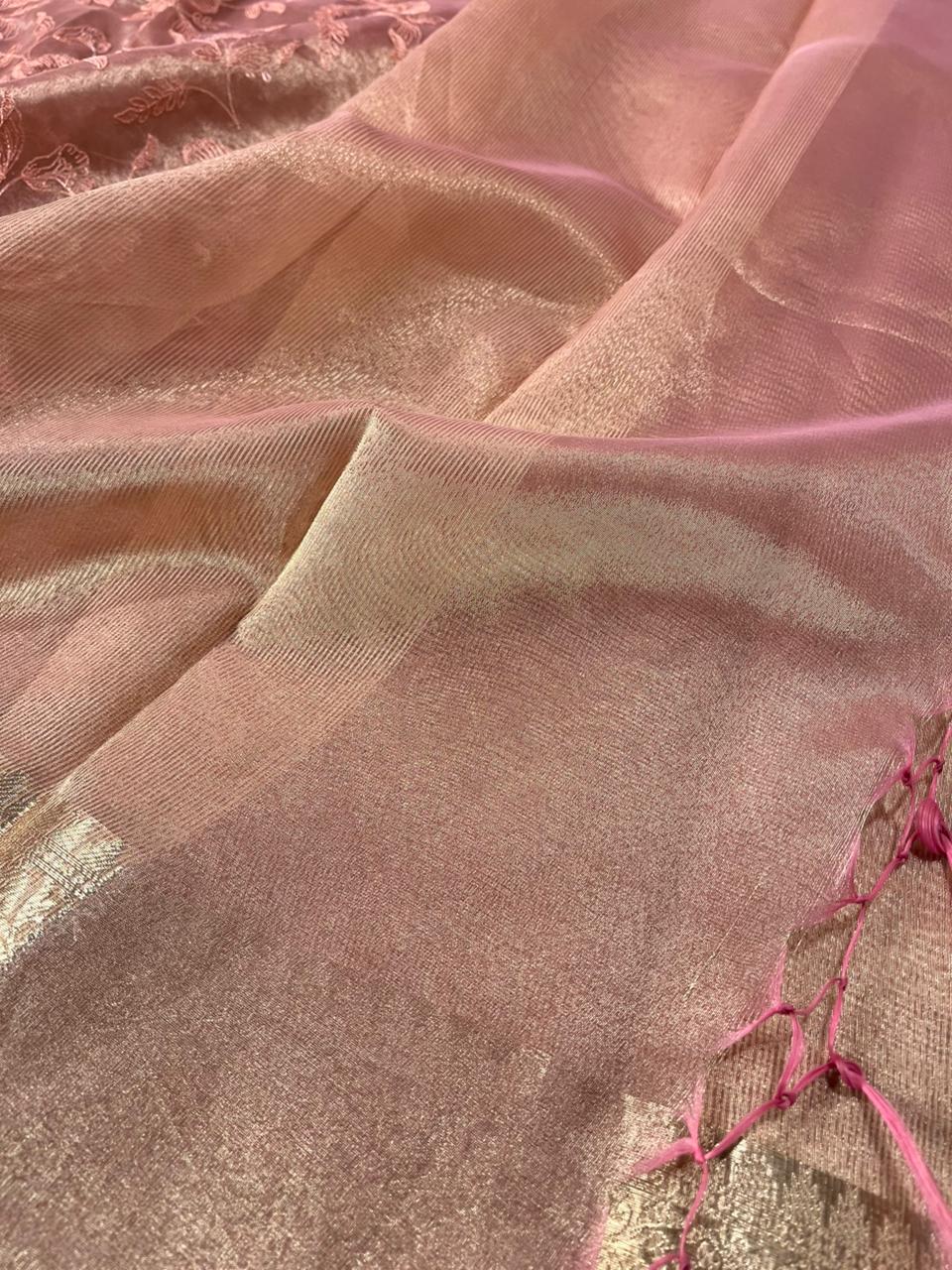 Metallic Pink Banarasi Tissue Silk Chikankari Banarasi Saree