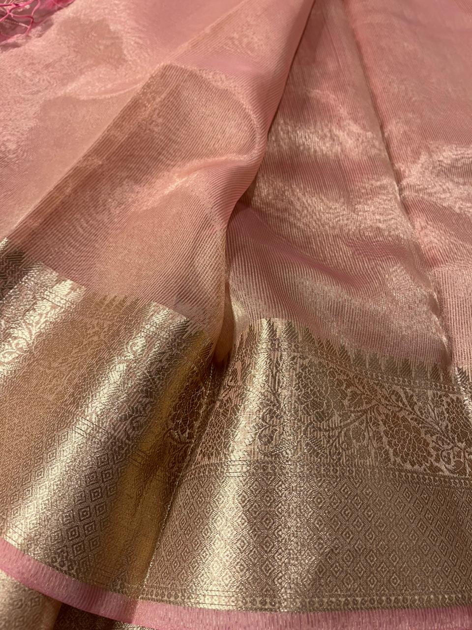 Metallic Pink Banarasi Tissue Silk Chikankari Banarasi Saree