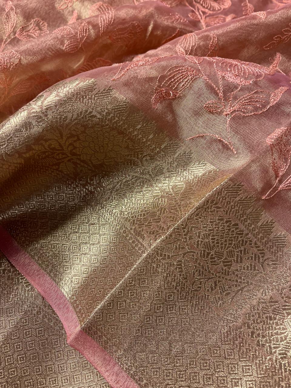Metallic Pink Banarasi Tissue Silk Chikankari Banarasi Saree