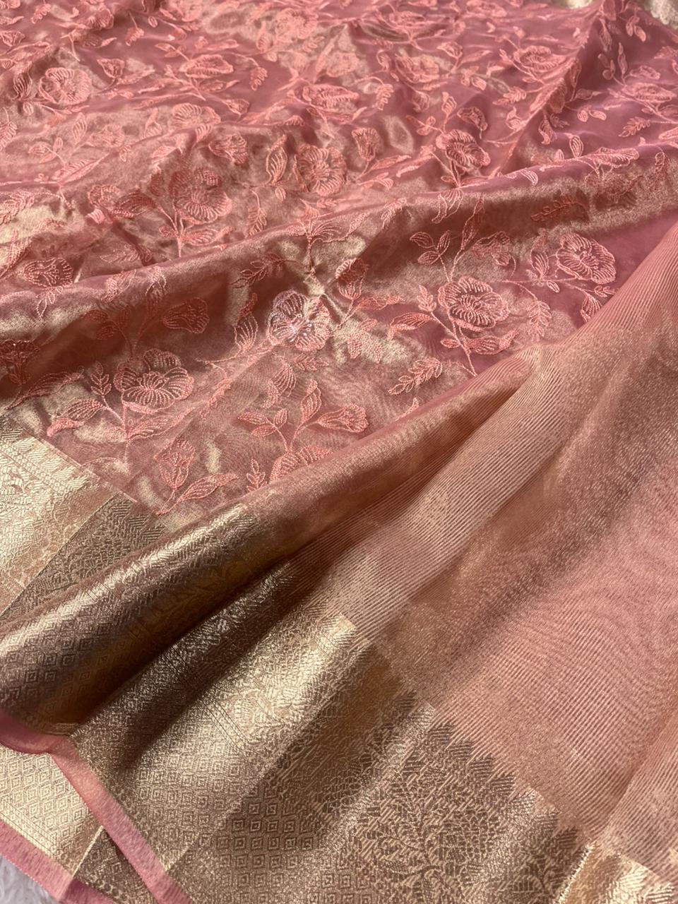 Metallic Pink Banarasi Tissue Silk Chikankari Banarasi Saree