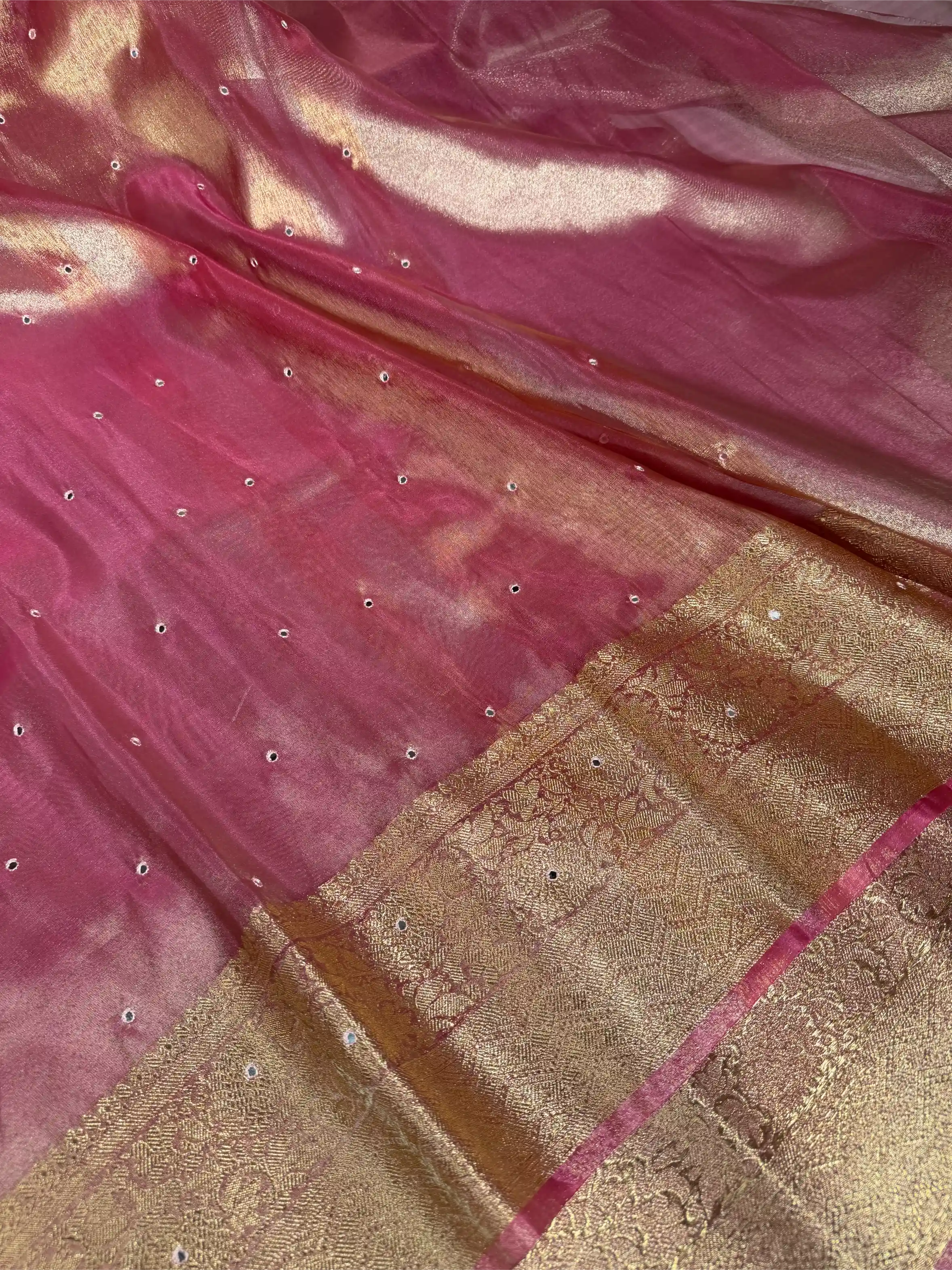 Metallic Pink Kora Tissue Mirror Work Banarasi Saree