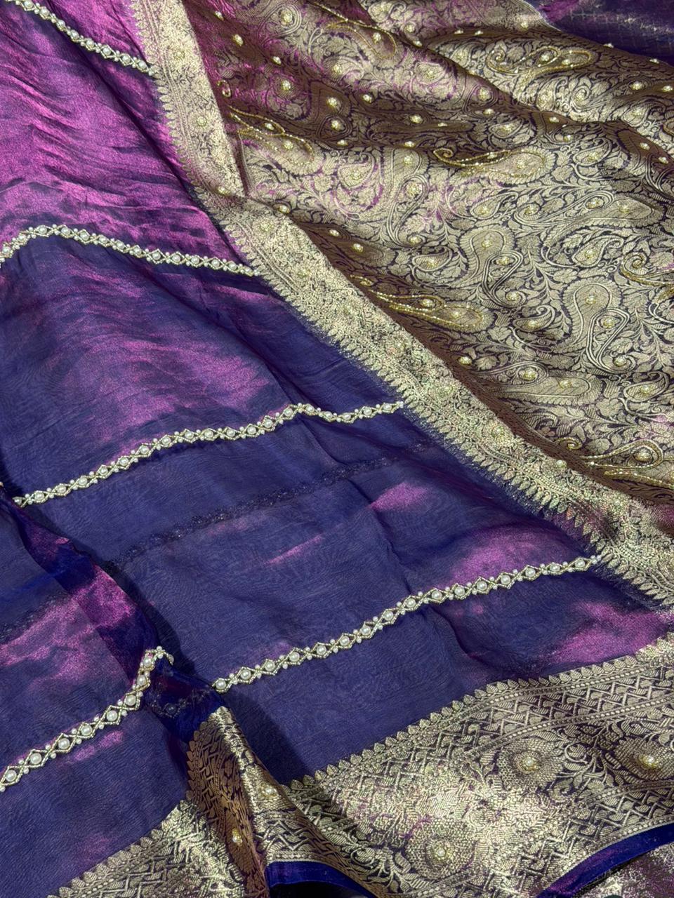 Metallic Purple Pure Tissue Silk Moti Handwork Saree