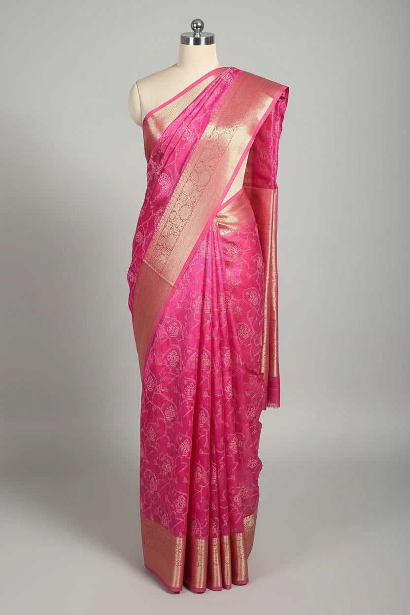 Metallic Rani Kora Tissue Chikankari Embroidered Banarasi Saree