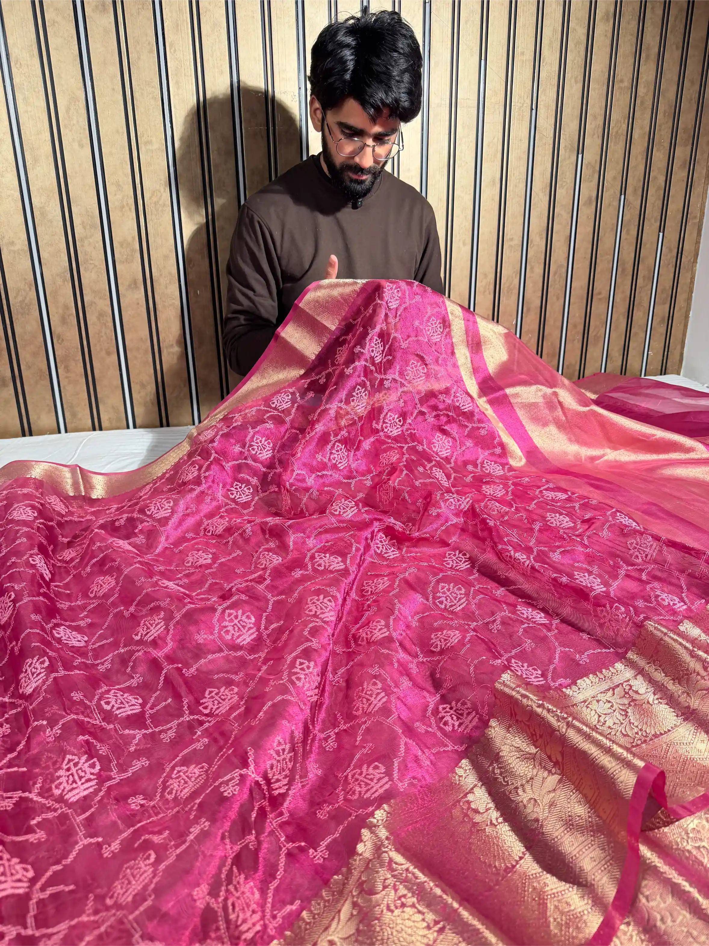 Metallic Rani Kora Tissue Chikankari Embroidered Banarasi Saree