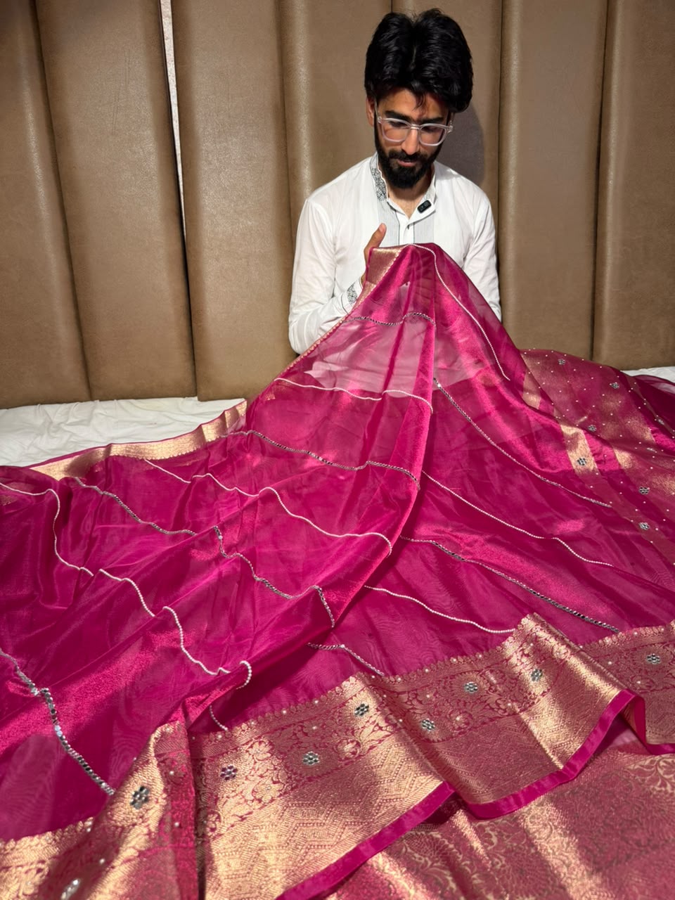 Metallic Rani Kora Tissue Leheriya Work Saree