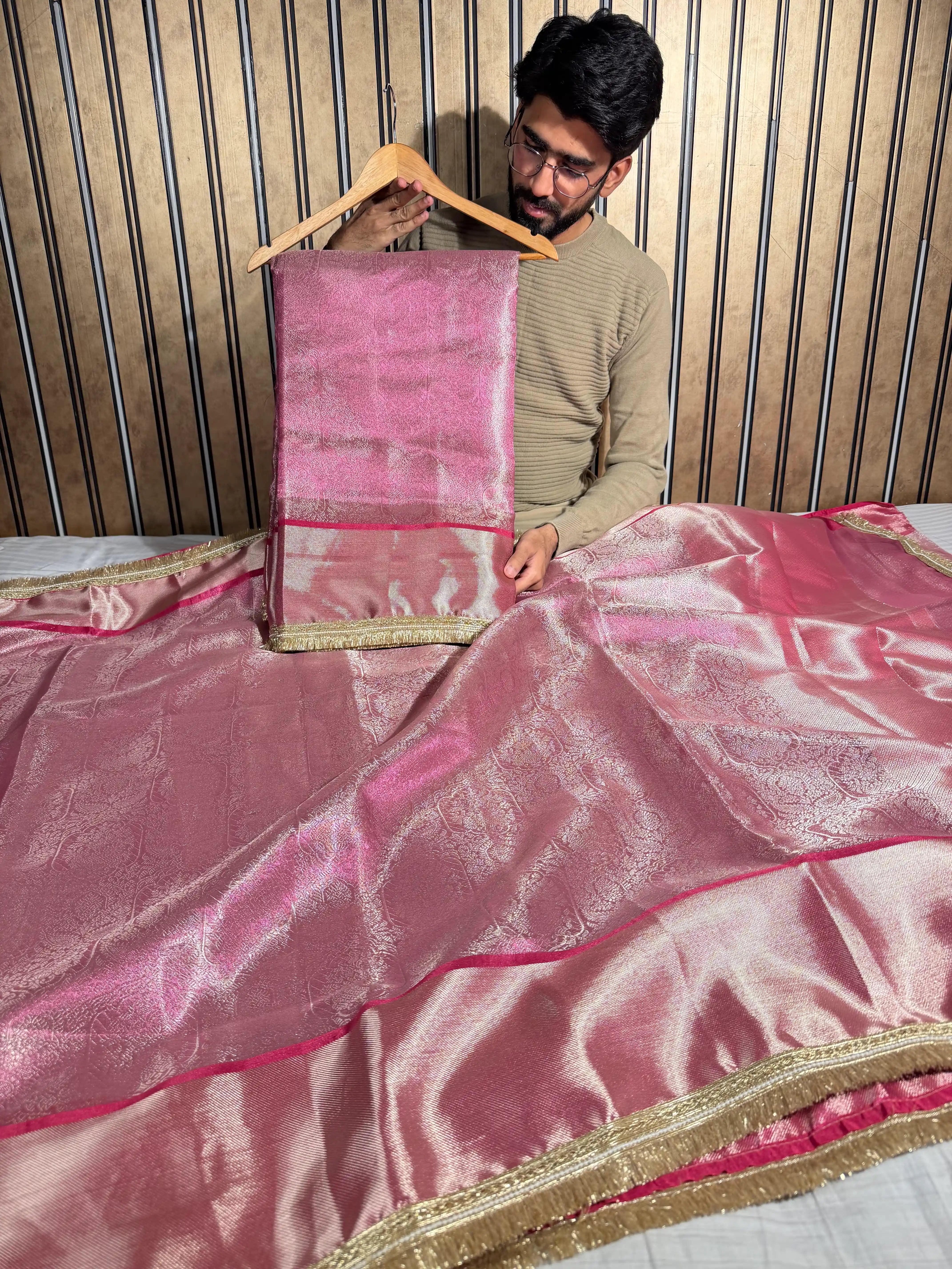 Metallic Rani Pink Kanjivaram Tissue Silk Lace Attached Banarasi Saree