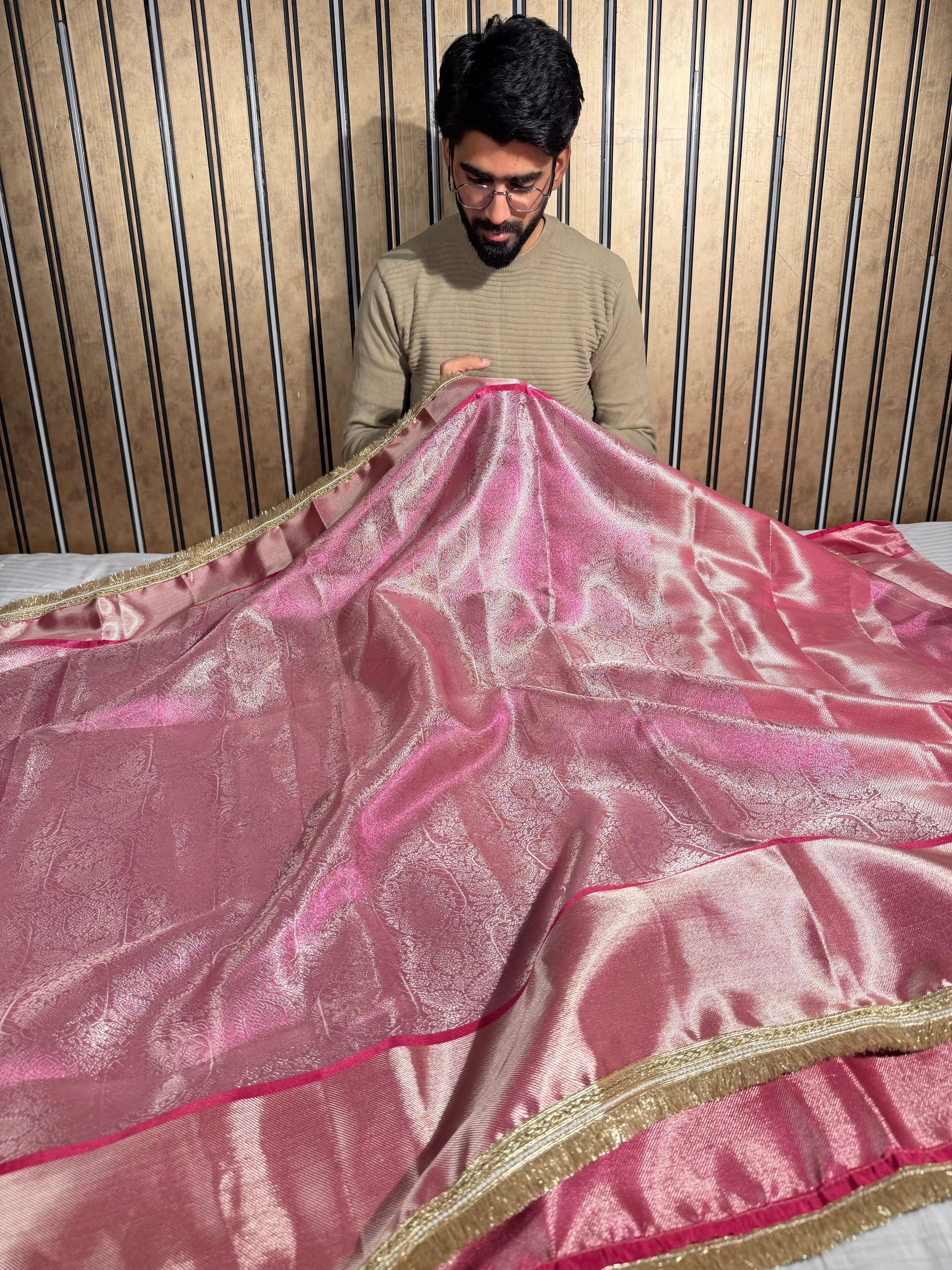 Metallic Rani Pink Kanjivaram Tissue Silk Lace Attached Banarasi Saree