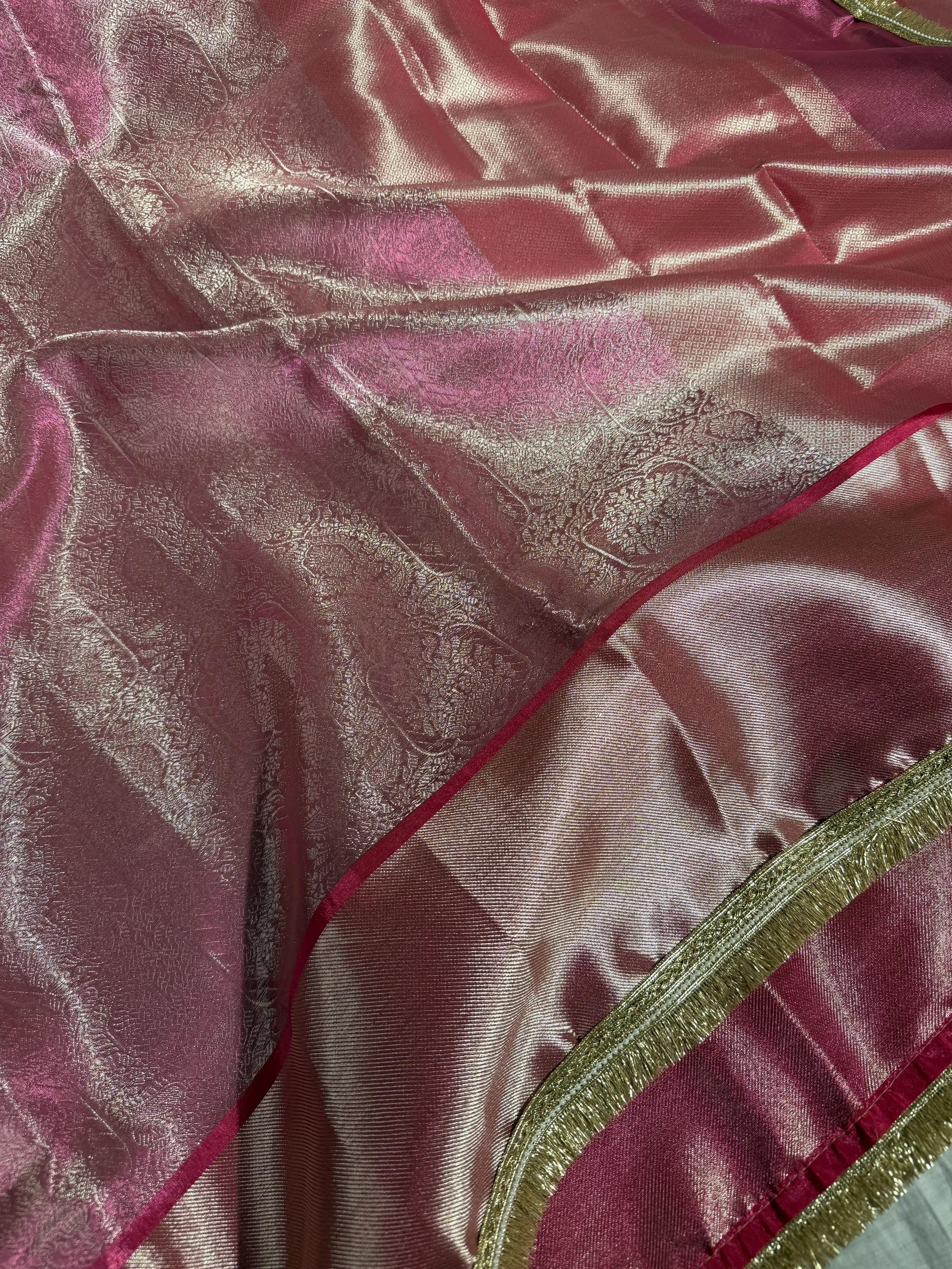 Metallic Rani Pink Kanjivaram Tissue Silk Lace Attached Banarasi Saree