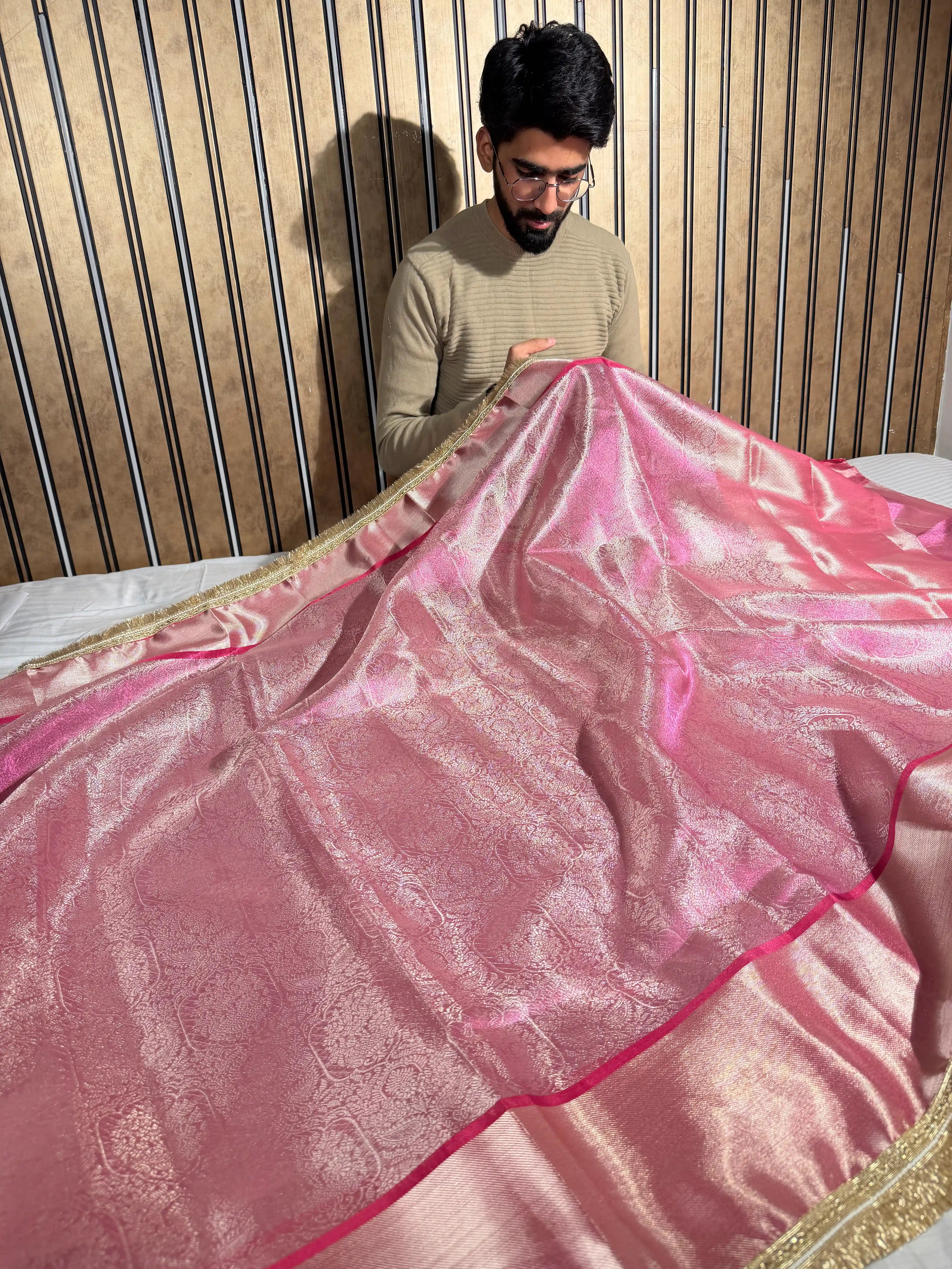 Metallic Rani Pink Kanjivaram Tissue Silk Lace Attached Banarasi Saree