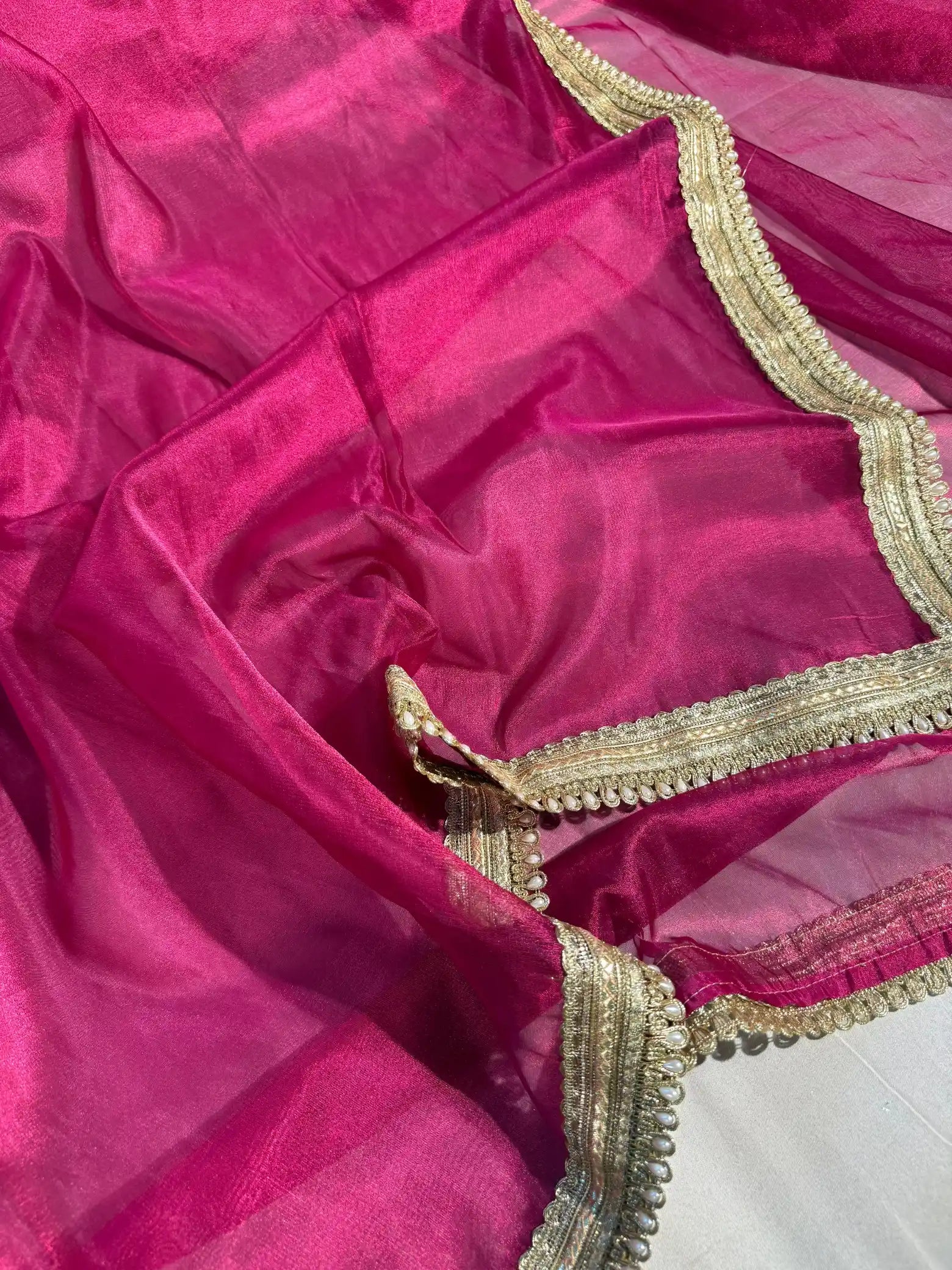 Metallic Rani Pink Tissue Silk Designer Lace Work Banarasi Saree