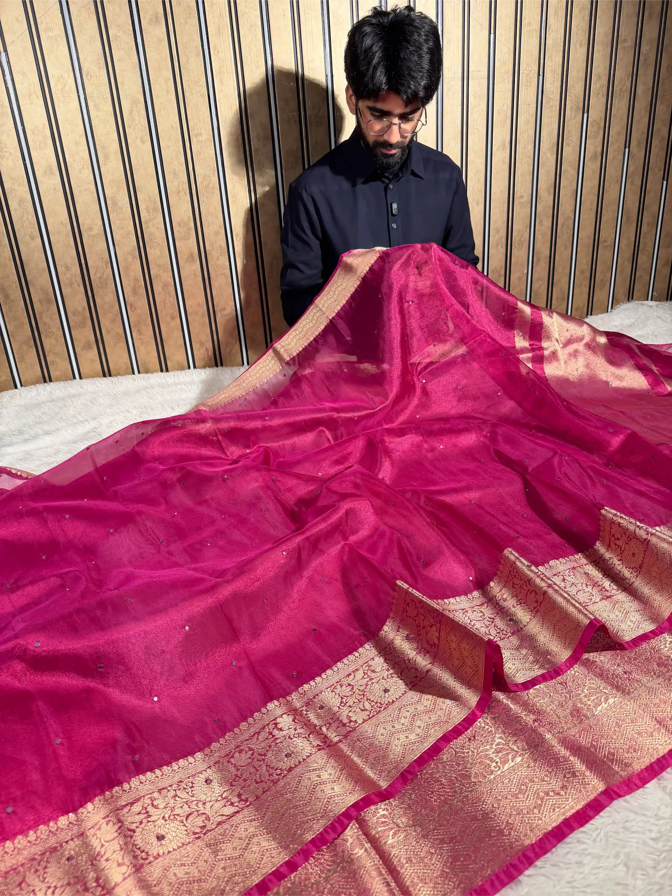 Metallic Rani Pink Tissue Silk Mirror Work Banarasi Saree