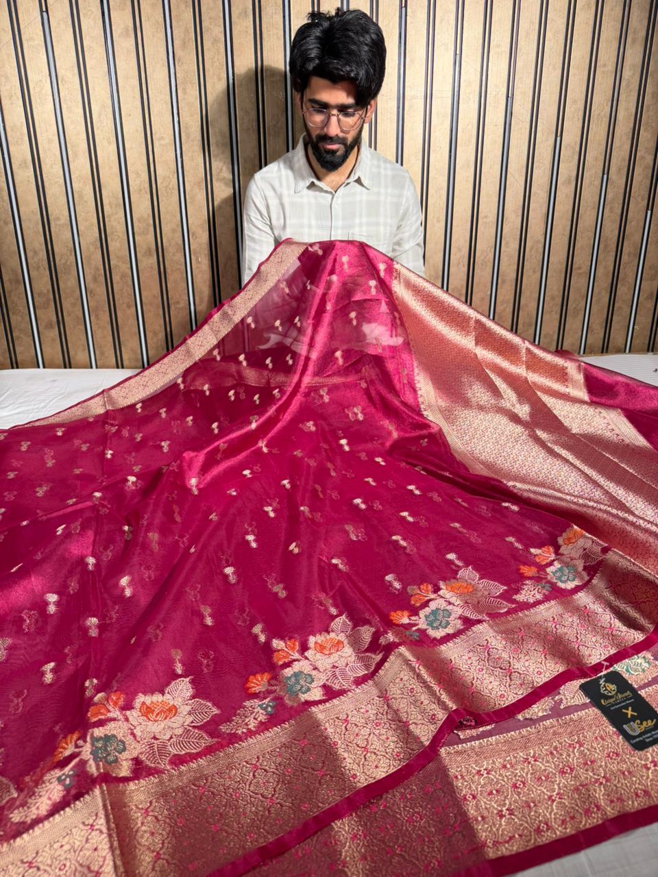 Metallic Rani Soft Tissue Silk Meenakari Banarasi Saree