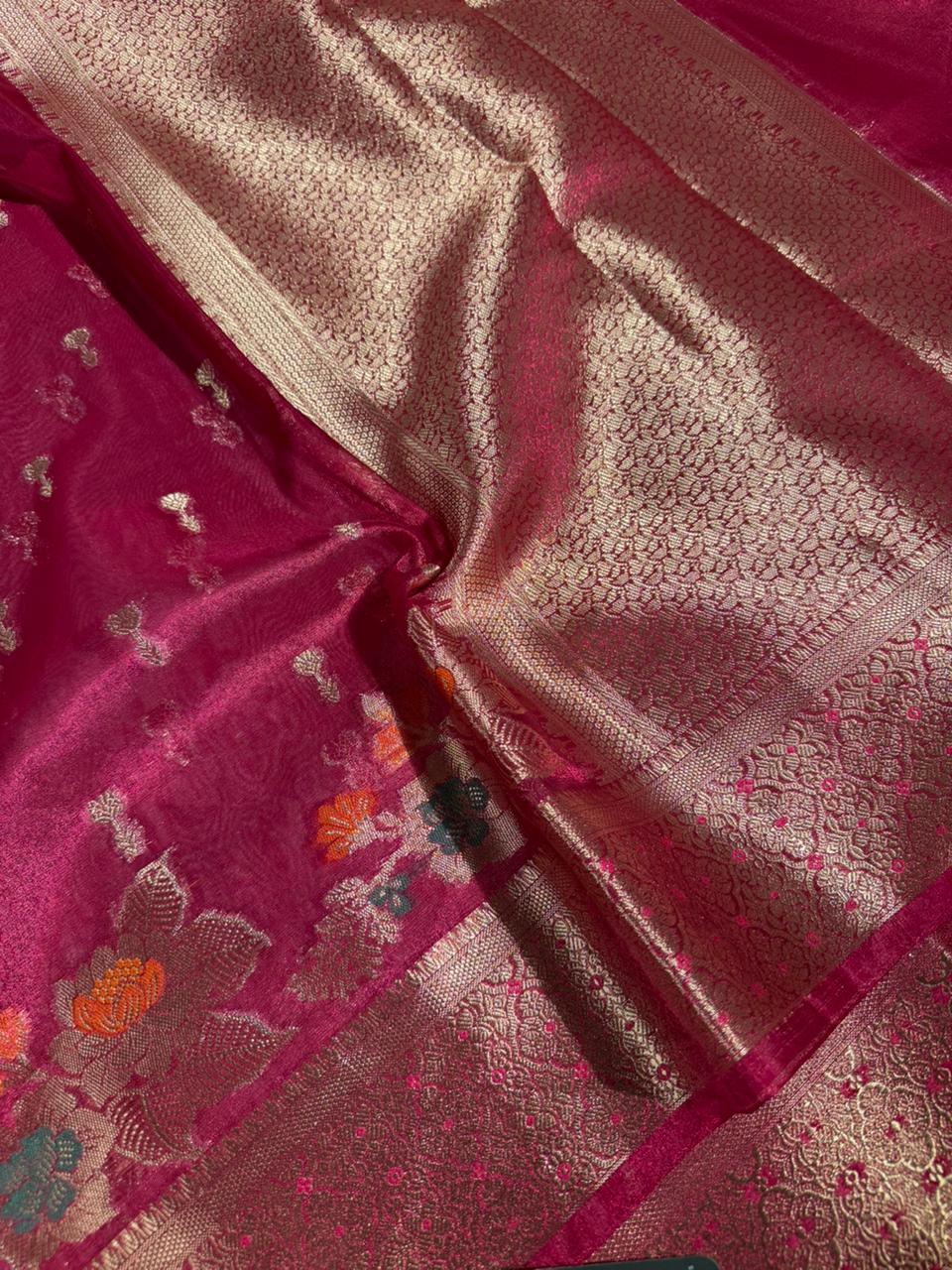 Metallic Rani Soft Tissue Silk Meenakari Banarasi Saree