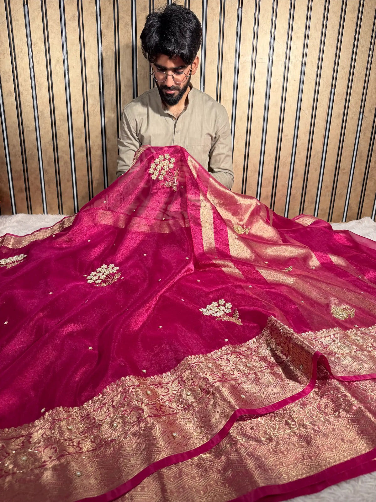 Metallic Rani premium handwork Kora tissue Banarasi Saree