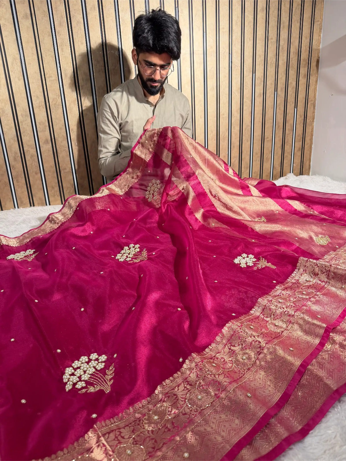 Metallic Rani premium handwork Kora tissue Banarasi Saree