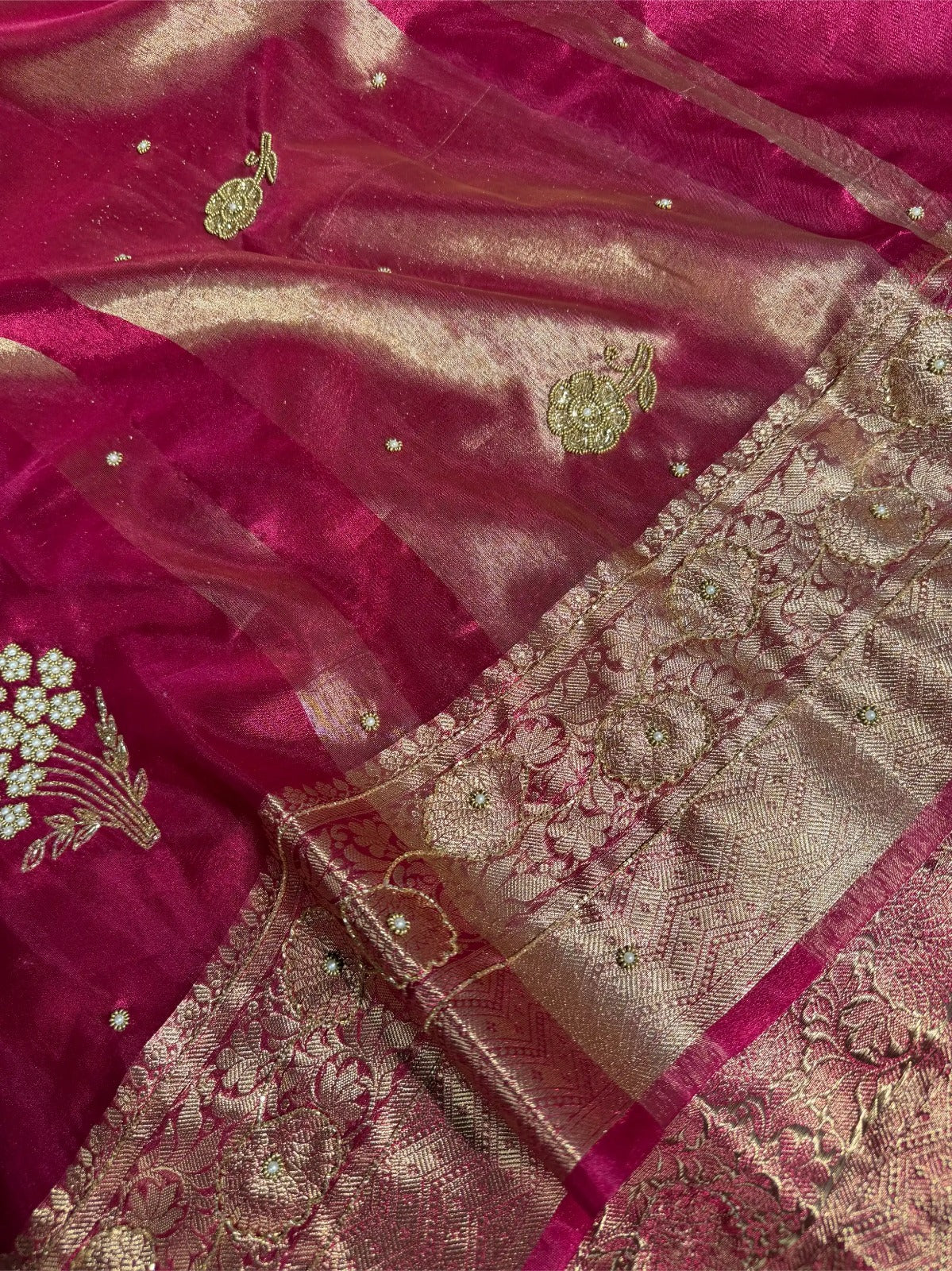 Metallic Rani premium handwork Kora tissue Banarasi Saree