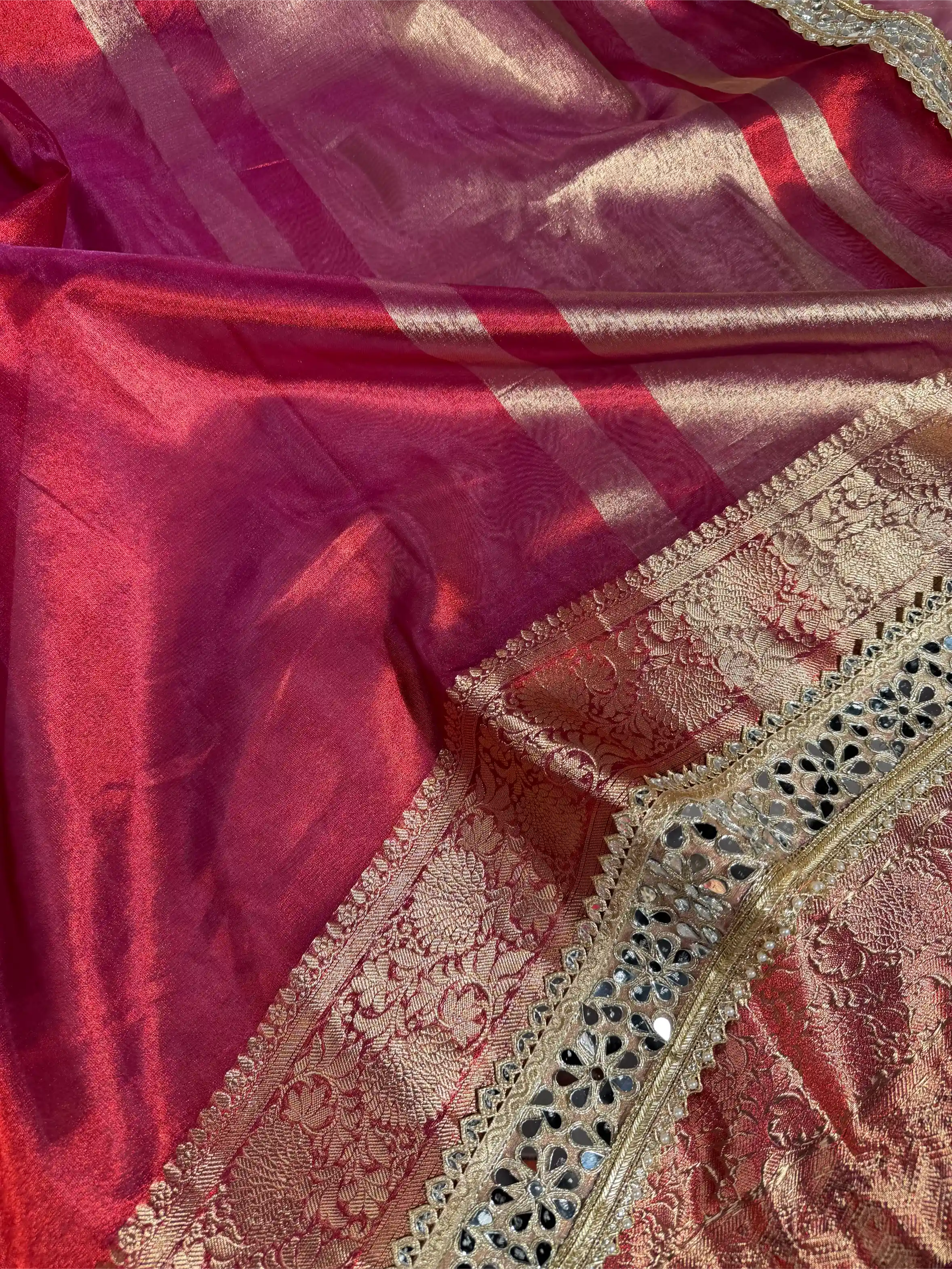 Metallic Red Bridal Tissue Silk Mirror Work Banarasi Saree