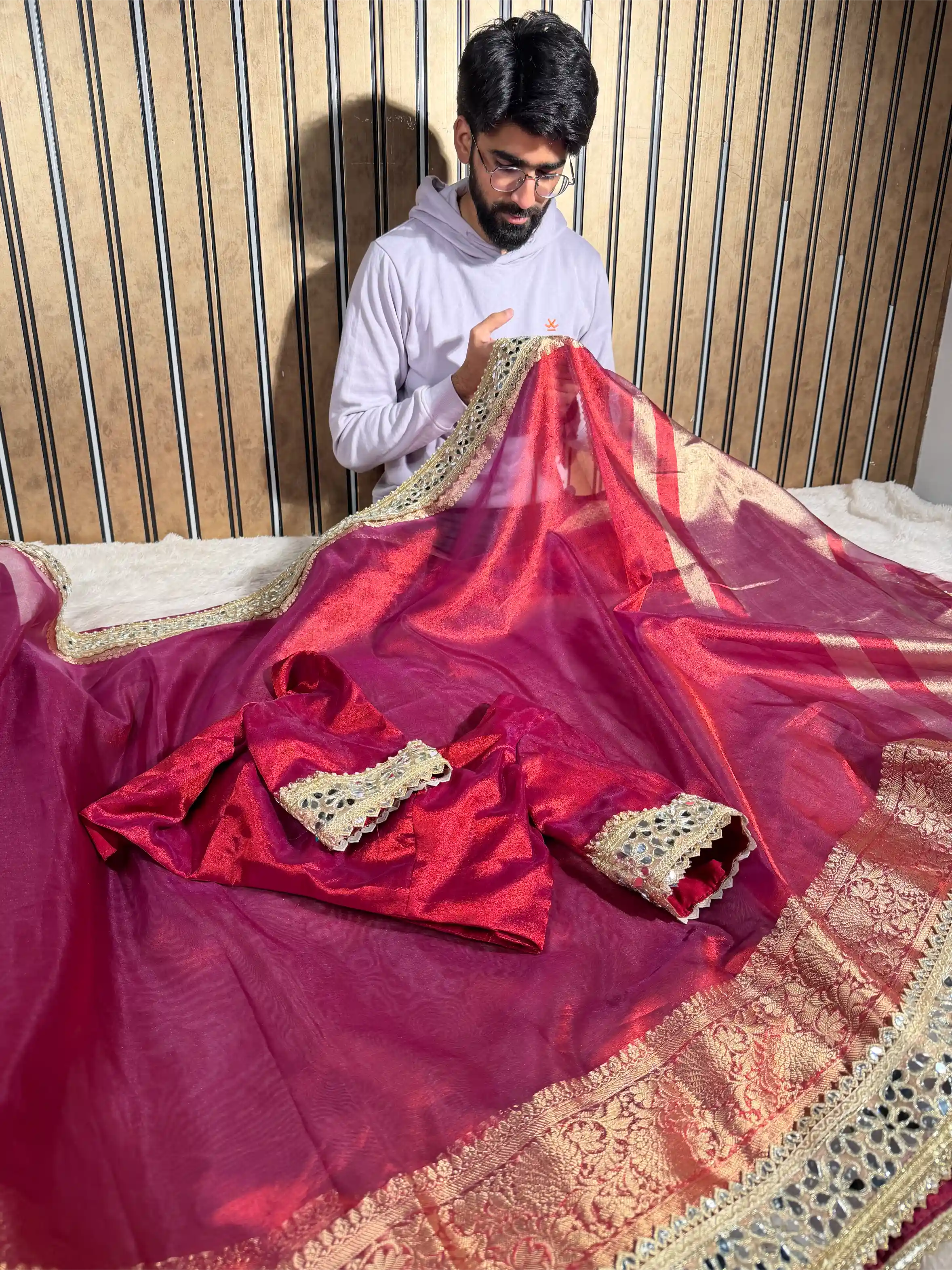 Metallic Red Bridal Tissue Silk Mirror Work Banarasi Saree