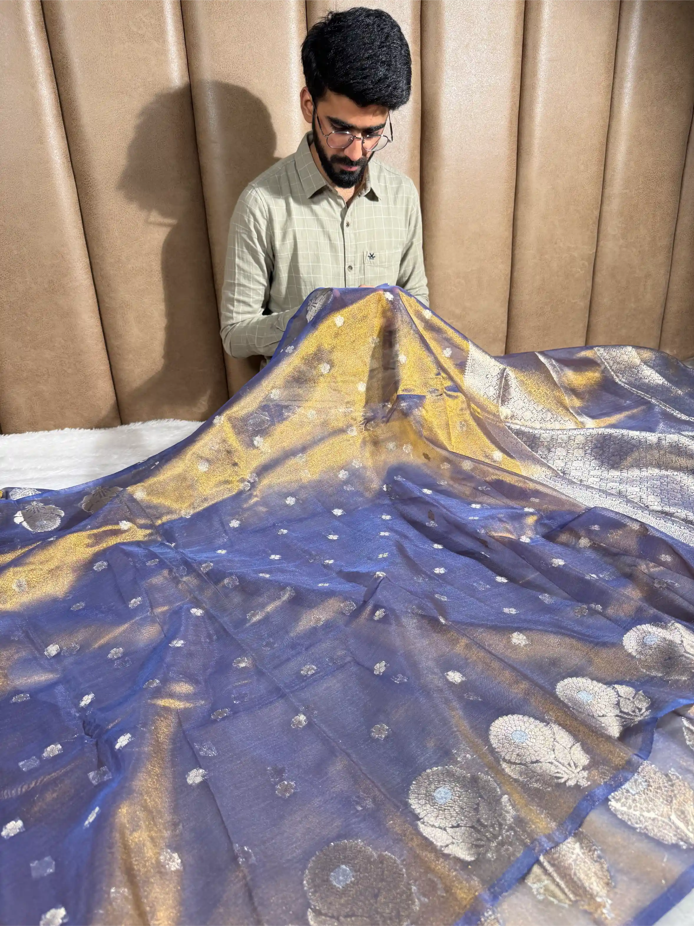 Metallic Royal Blue Eccentric Soft Tissue Silk Banarasi Saree
