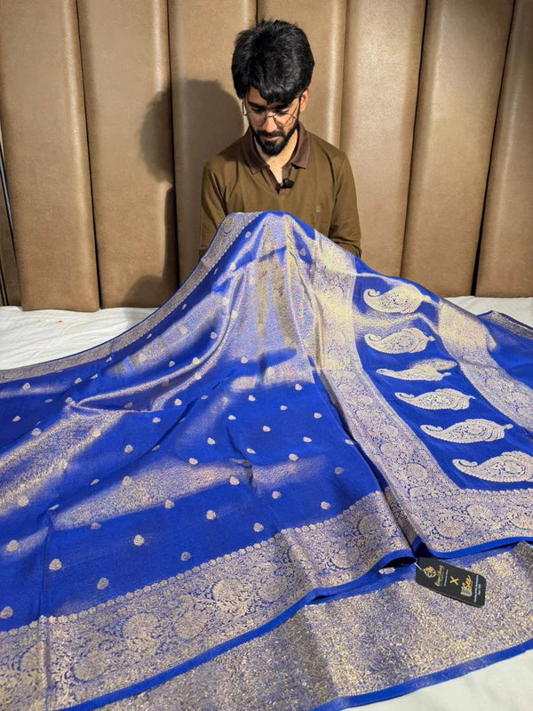 Metallic Royal blue breathable Katan tissue saree
