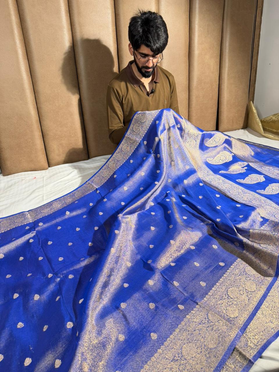 Metallic Royal blue breathable Katan tissue saree