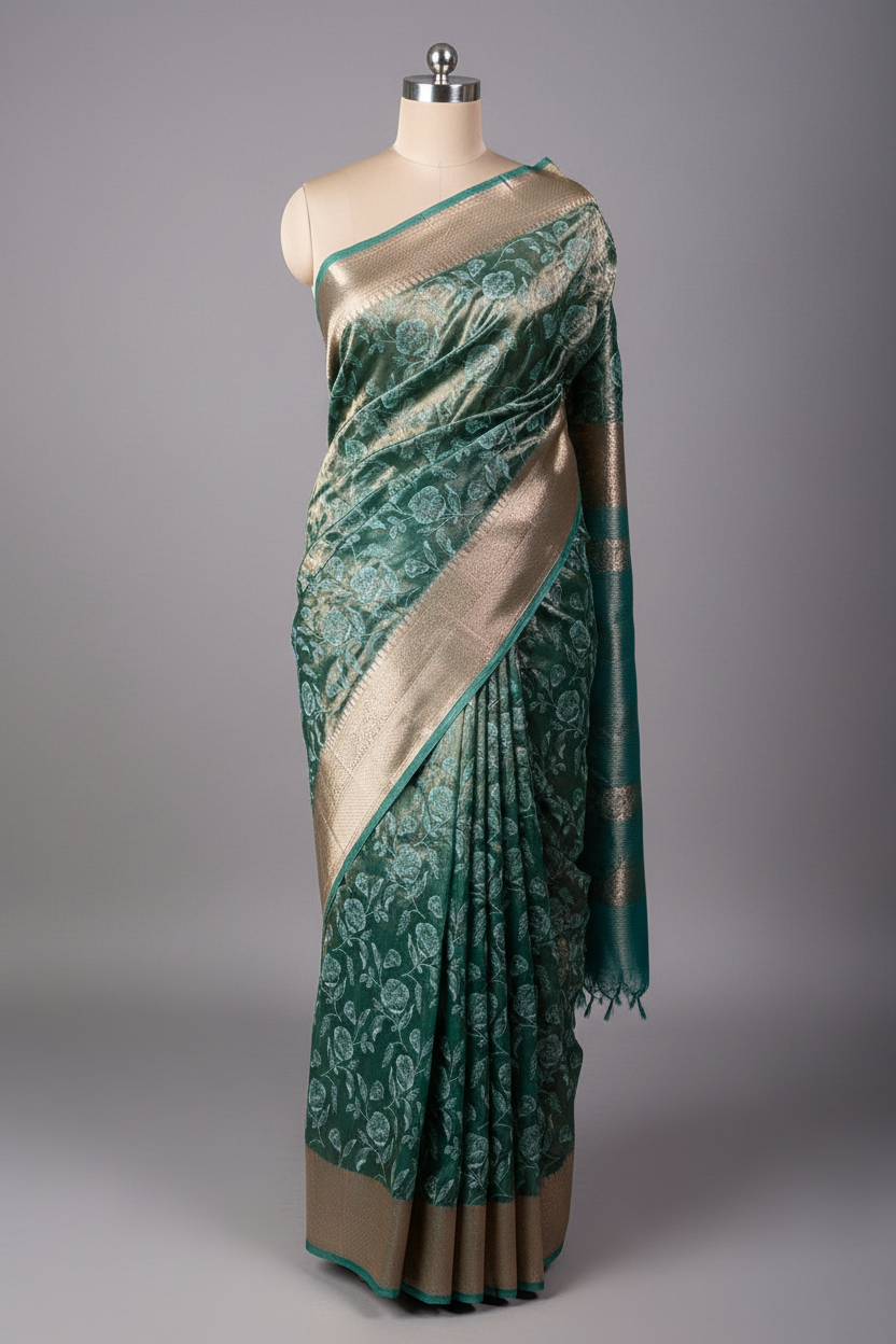 Metallic Sea Green Banarasi Tissue Silk Chikankari Banarasi Saree