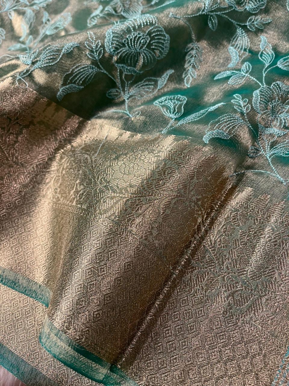 Metallic Sea Green Banarasi Tissue Silk Chikankari Banarasi Saree