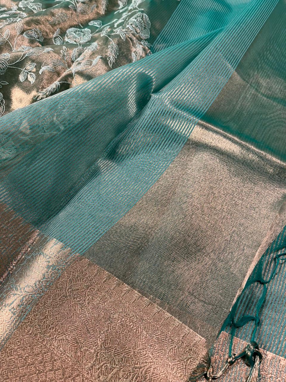 Metallic Sea Green Banarasi Tissue Silk Chikankari Banarasi Saree