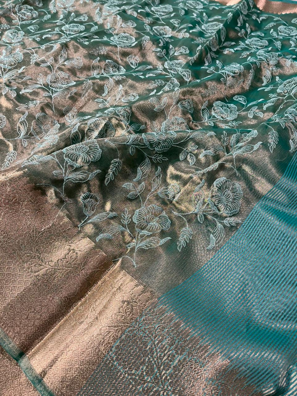 Metallic Sea Green Banarasi Tissue Silk Chikankari Banarasi Saree